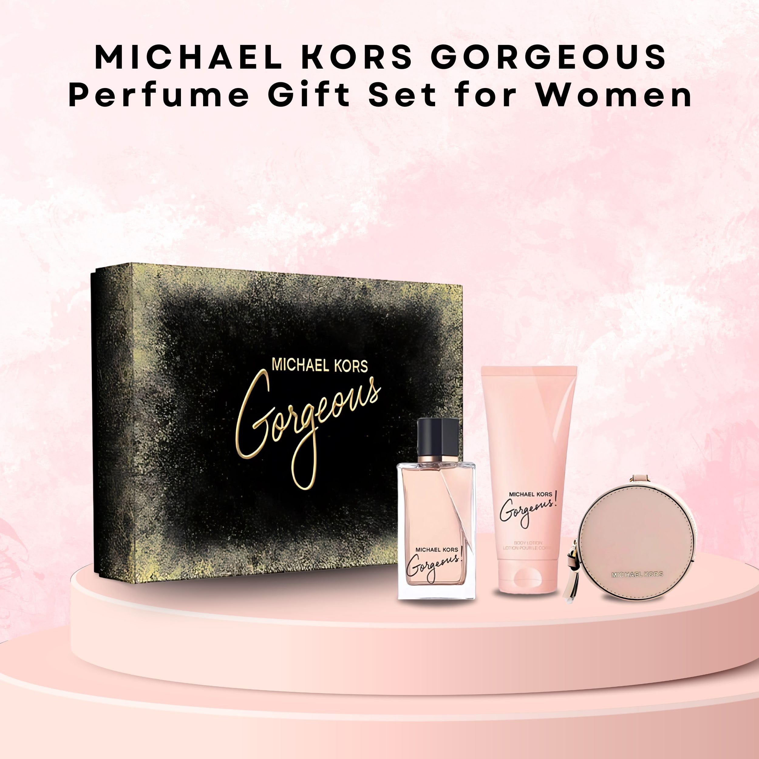 MICHAEL KORS GORGEOUS 3 PCS SET FOR WOMEN: 3.4 EAU DE PARFUM SPRAY + 3.4 BODY LOTION + ROUND PURSE