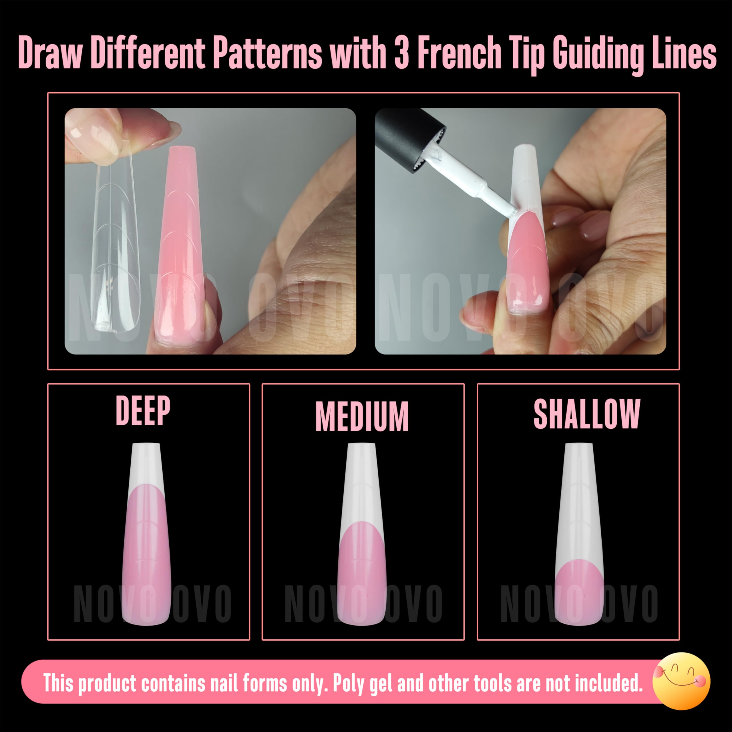 NOVO OVO Tapered Square (Natural not Sculpted) Nail Dual Forms for Poly Gel Extension with Guiding Line Inside, XL XXL Reusable