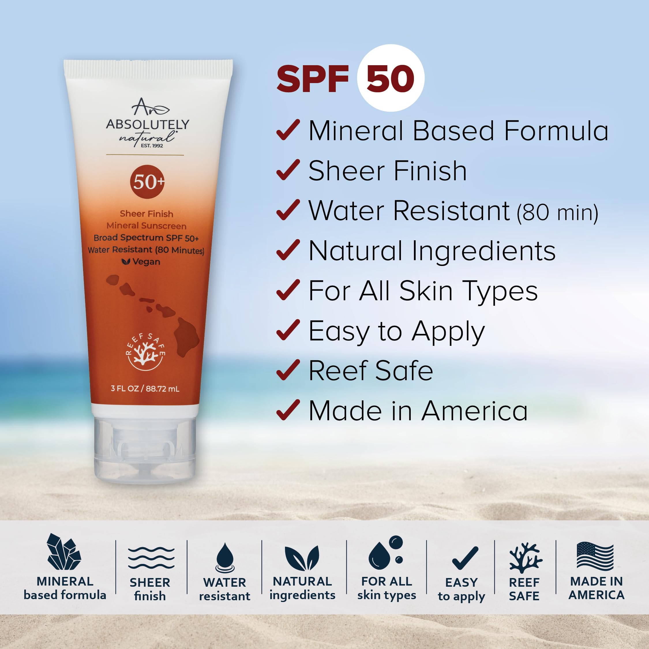 Absolutely Natural Spf 50+ Mineral Sunscreen Lotion - Anti-Aging Sunblock For Body & Face, Made With Rose Hips, Aloe, Zinc Oxide
