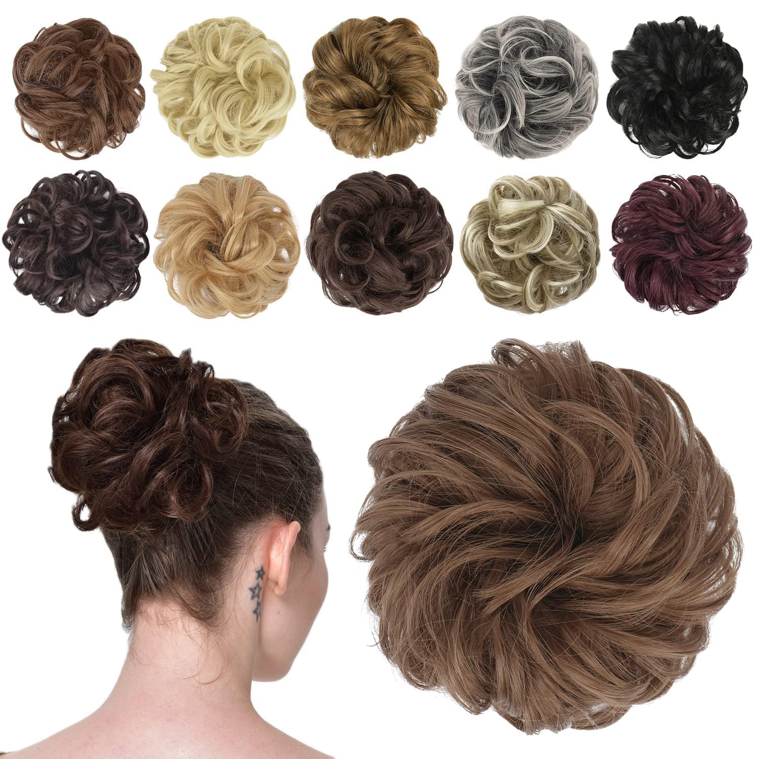 Feshfen Messy Bun Hair Piece - Elastic Wavy Curly Hair Bun Scrunchies Extensions Synthetic Chignon Hairpieces For Women Girls, L