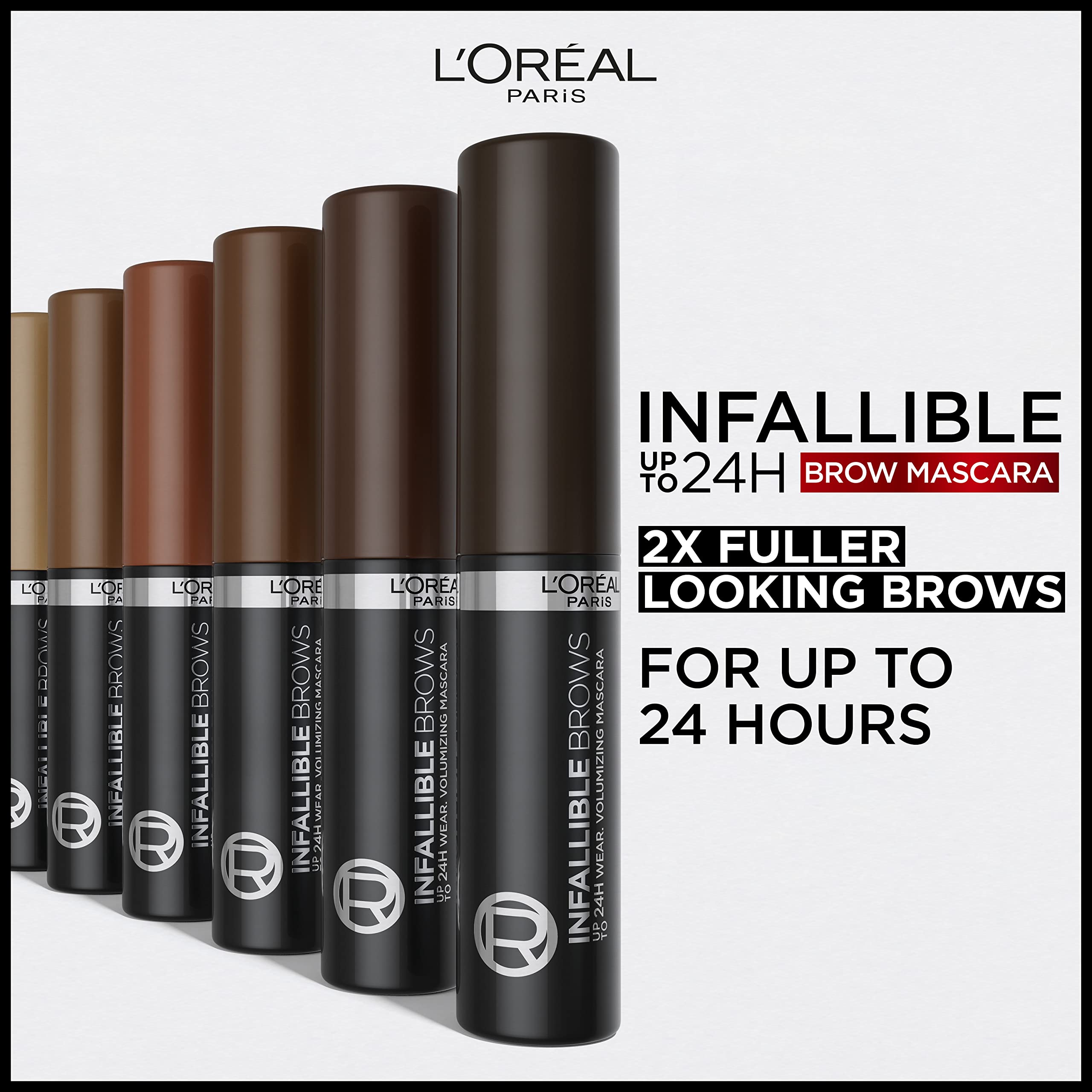 L'Oreal Paris Infallible Volumizing 24H Wear Brow Mascara, Long Lasting Eyebrow Makeup for 2X Fuller Eyebrows, 4.0 Dark Brunette