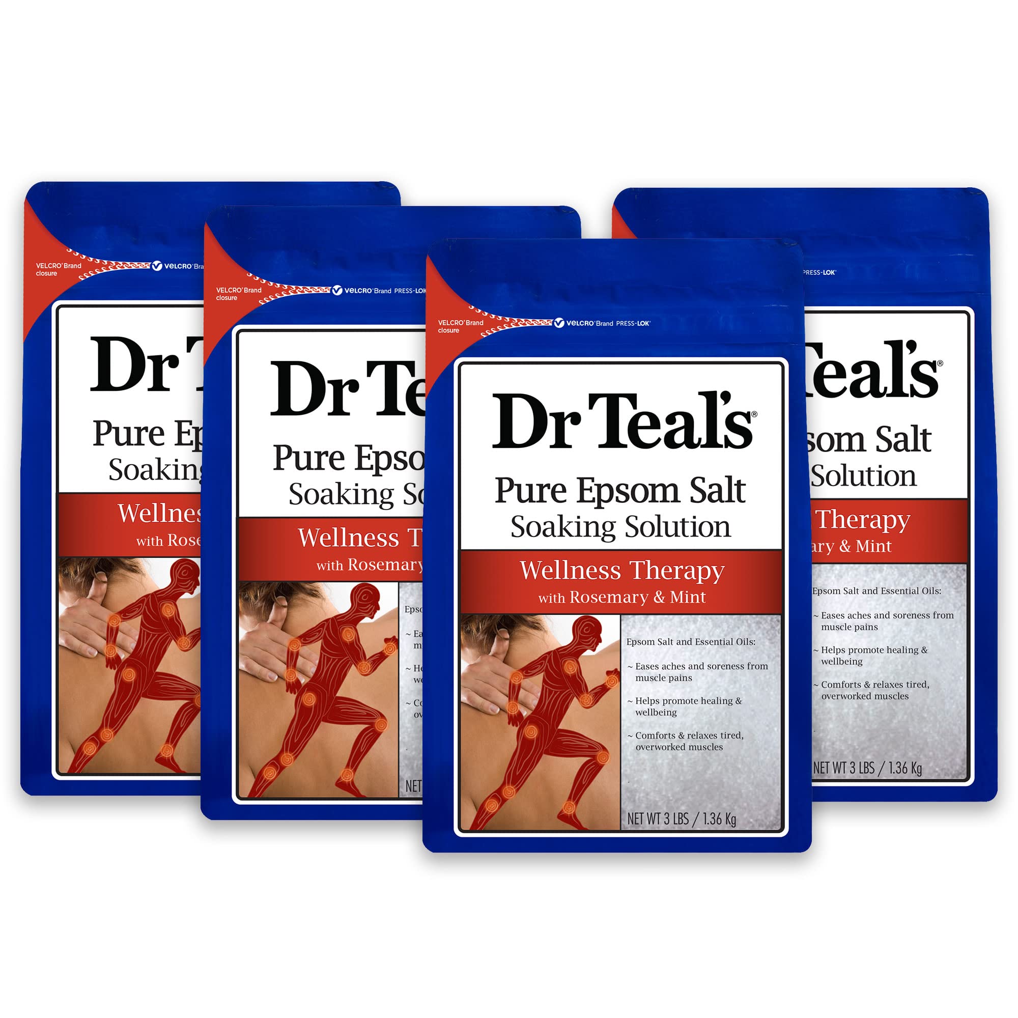 Dr Teal's Pure Epsom Salt Soak, Wellness Therapy with Rosemary & Mint, 3 lbs (Pack of 4)