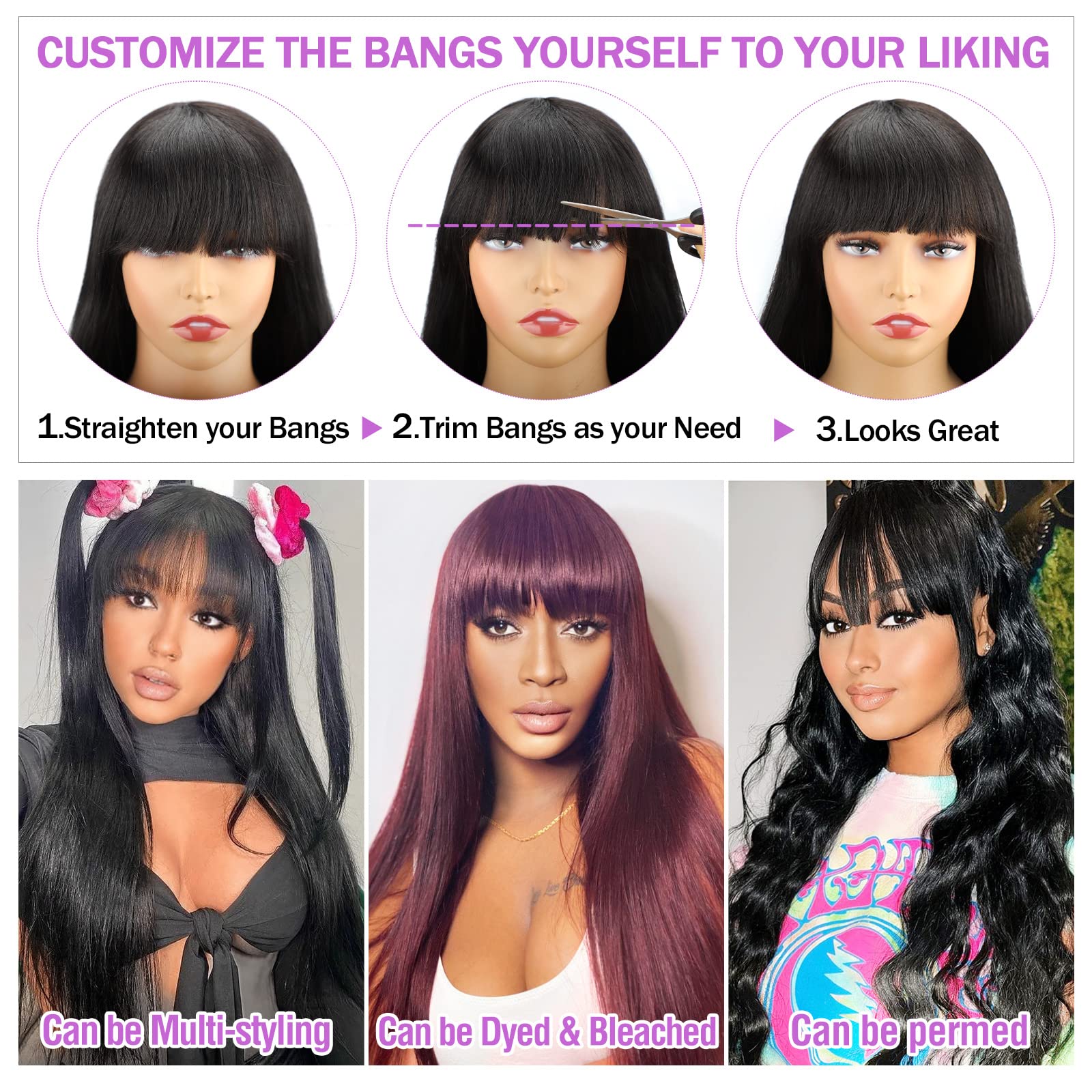 Human Hair Wigs With Bangs Straight Bang Wigs For Black Women Human Hair 150% Density Brazilian Glueless None Lace Front Wig Hum