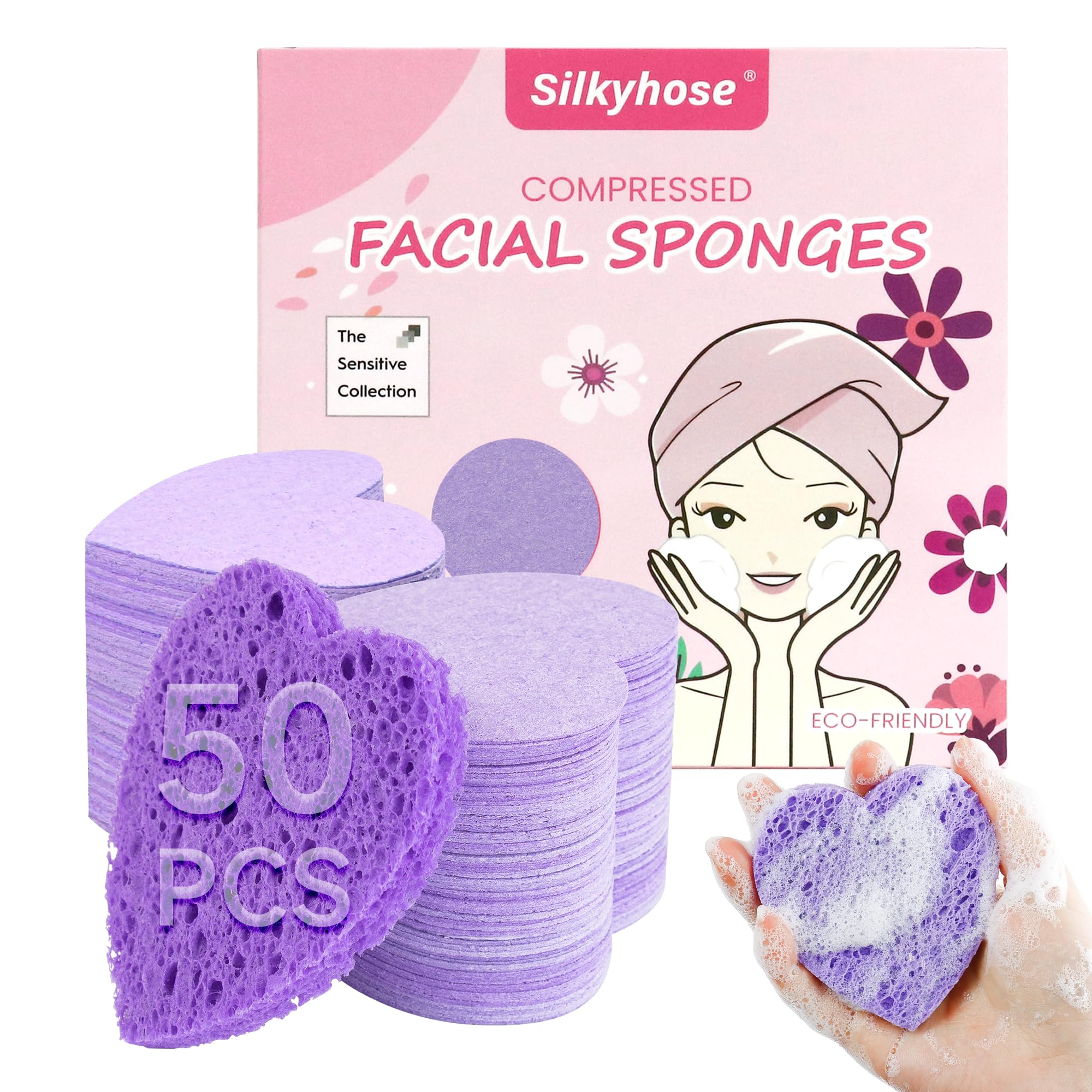 Silkyhose 50-Count Compressed Cellulose Facial Sponges - Heart-Shaped 100% Natural Cosmetic Sponges for Gentle Cleansing, Exfoli