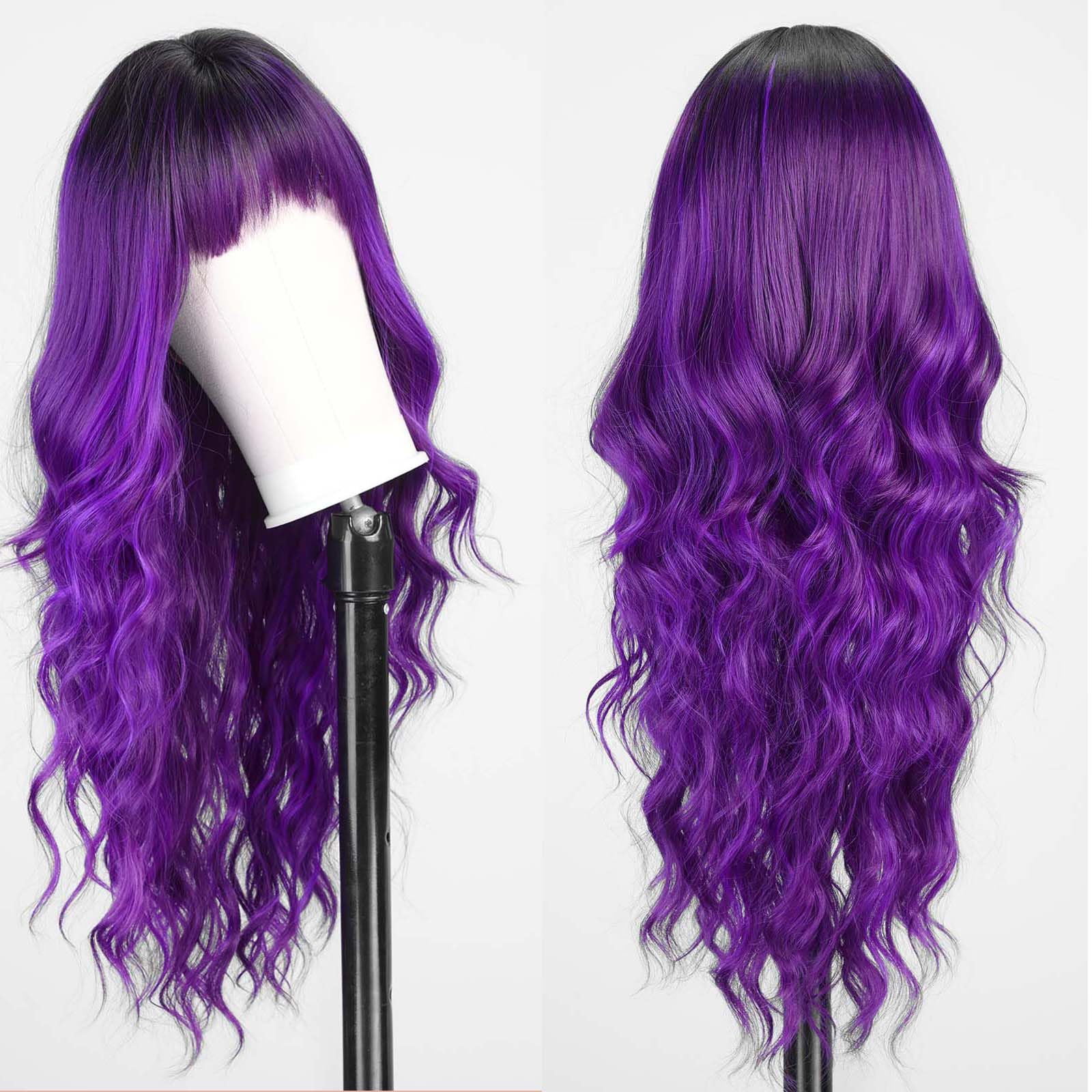 Haircube Purple Wig With Bangs For Women Brown And Blonde Long Wavy Hair Wig Wig Curly Wavy Synthetic Wigs For Girls Daily Party