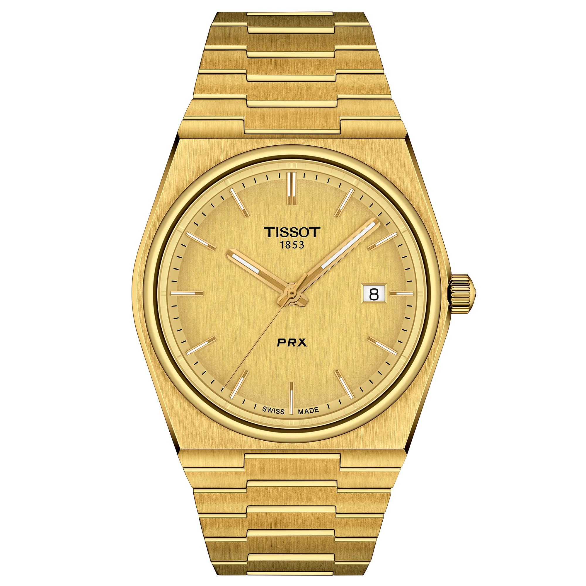 Tissot Mens PRX 316L Stainless Steel case with Yellow Gold PVD Coating Quartz Watch, Yellow, Stainless Steel, 12 (T1374103302100