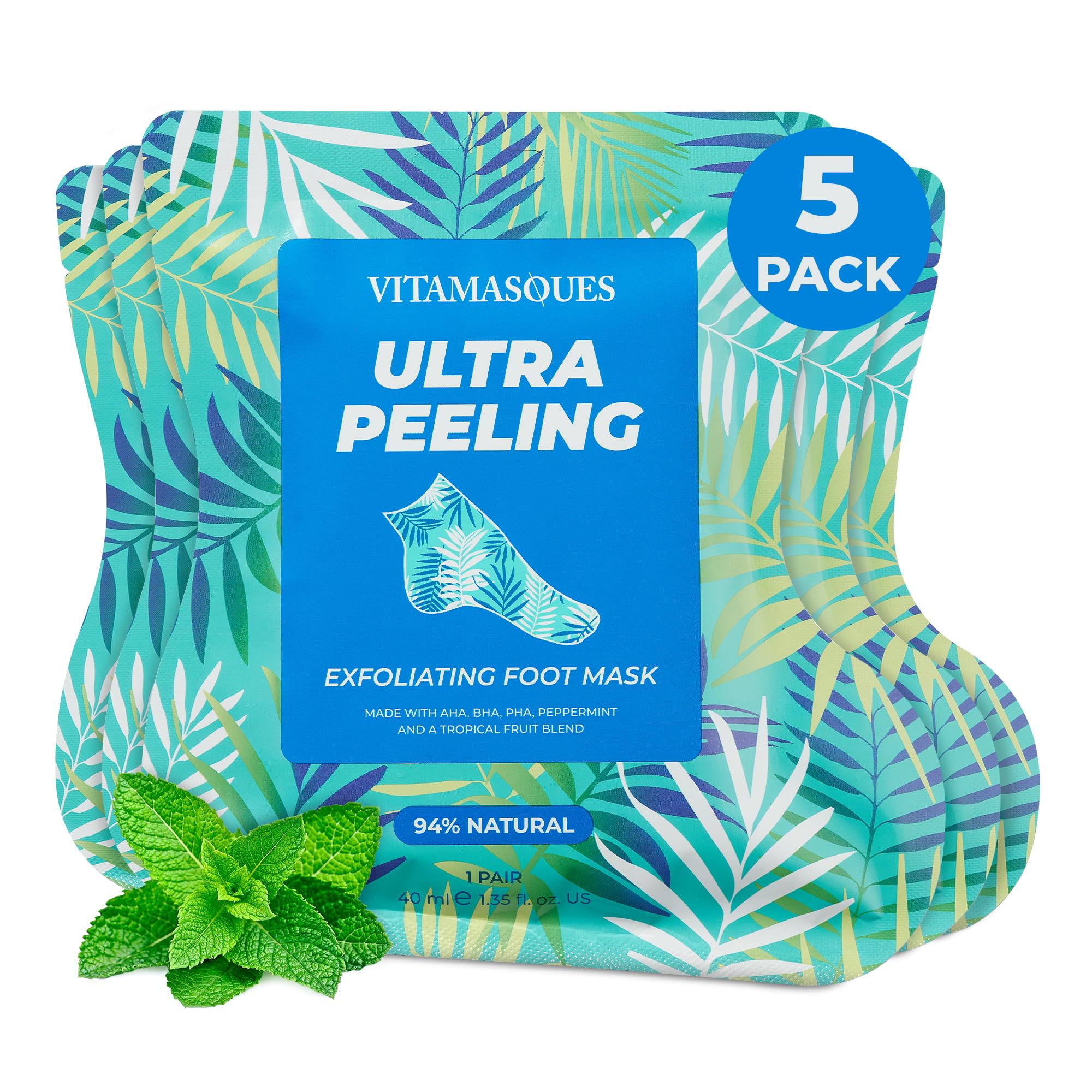 Vitamasques Ultra Foot Peeling Mask, 5 Pack - Exfoliating Foot Peel Mask for Dry Cracked Feet & Dead Skin - Cruelty-Free & Derma