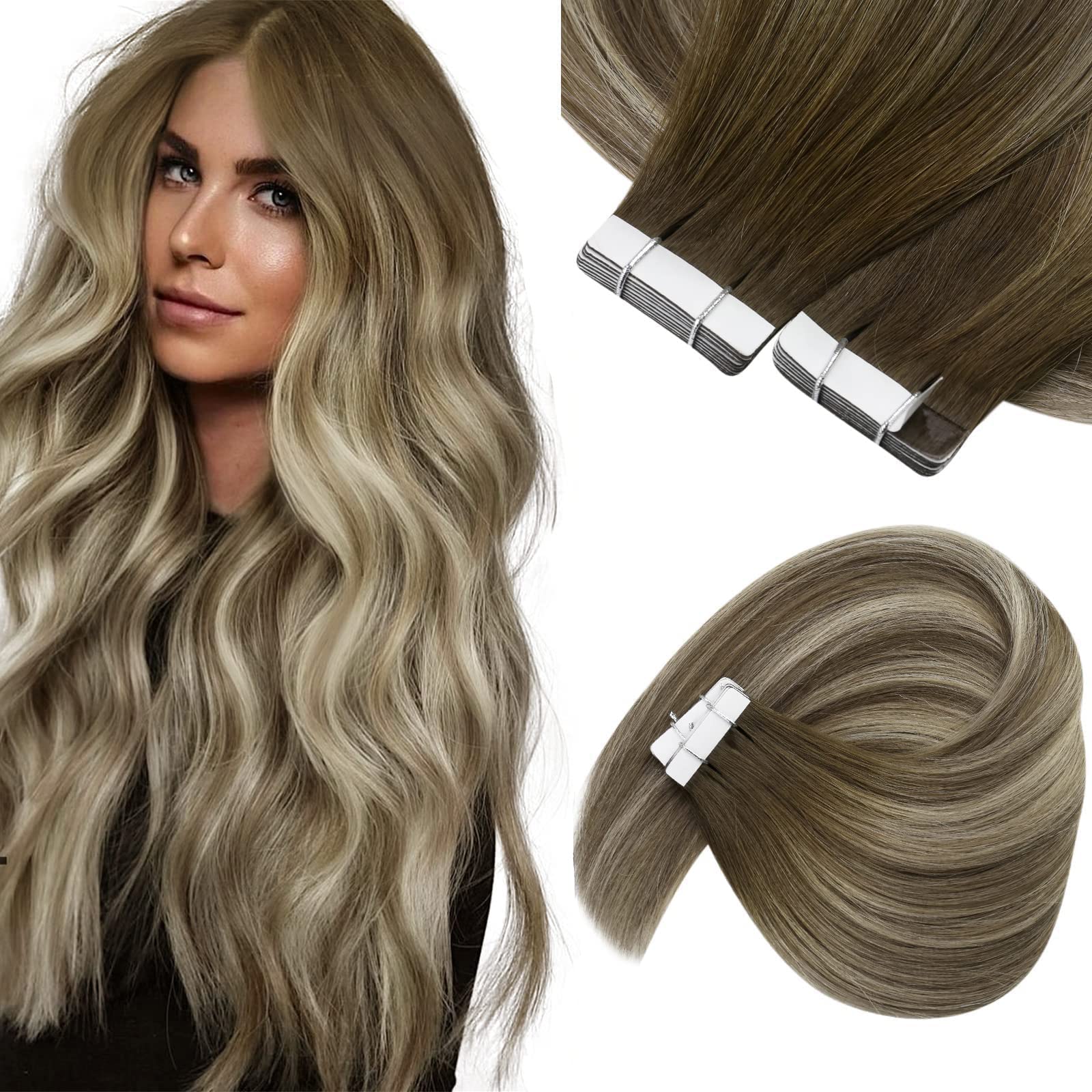 Sunny Tape In Hair Extensions Human Hair Brown Balayage Hair Extension Tape Dark Brown Fading To Ash Brown Highlights Blonde Rem