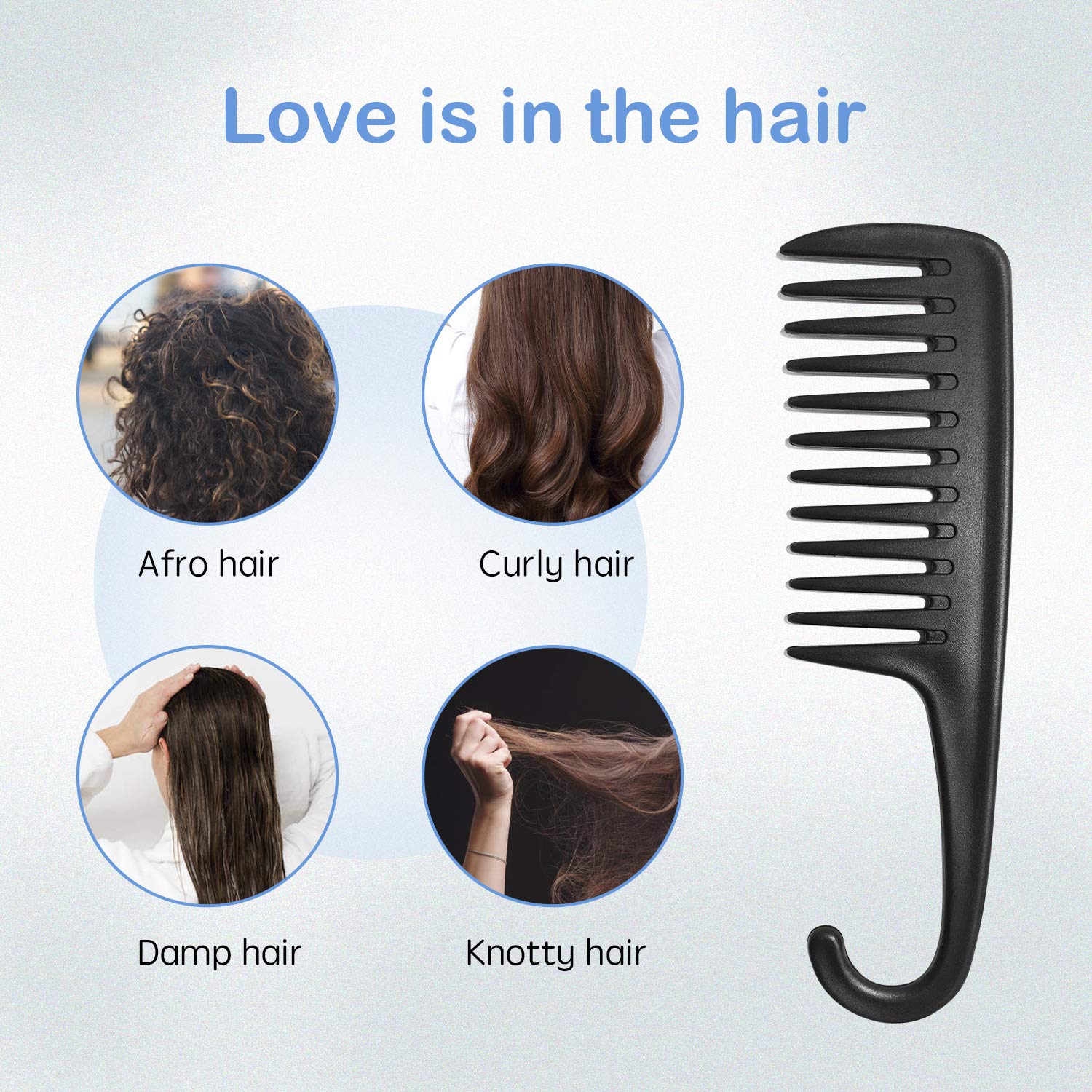 Wapodeai Wide Tooth Comb Shower Comb With Hook, Good For Curly Hair Wet Dry, Premium Tangle Free Combs Black.
