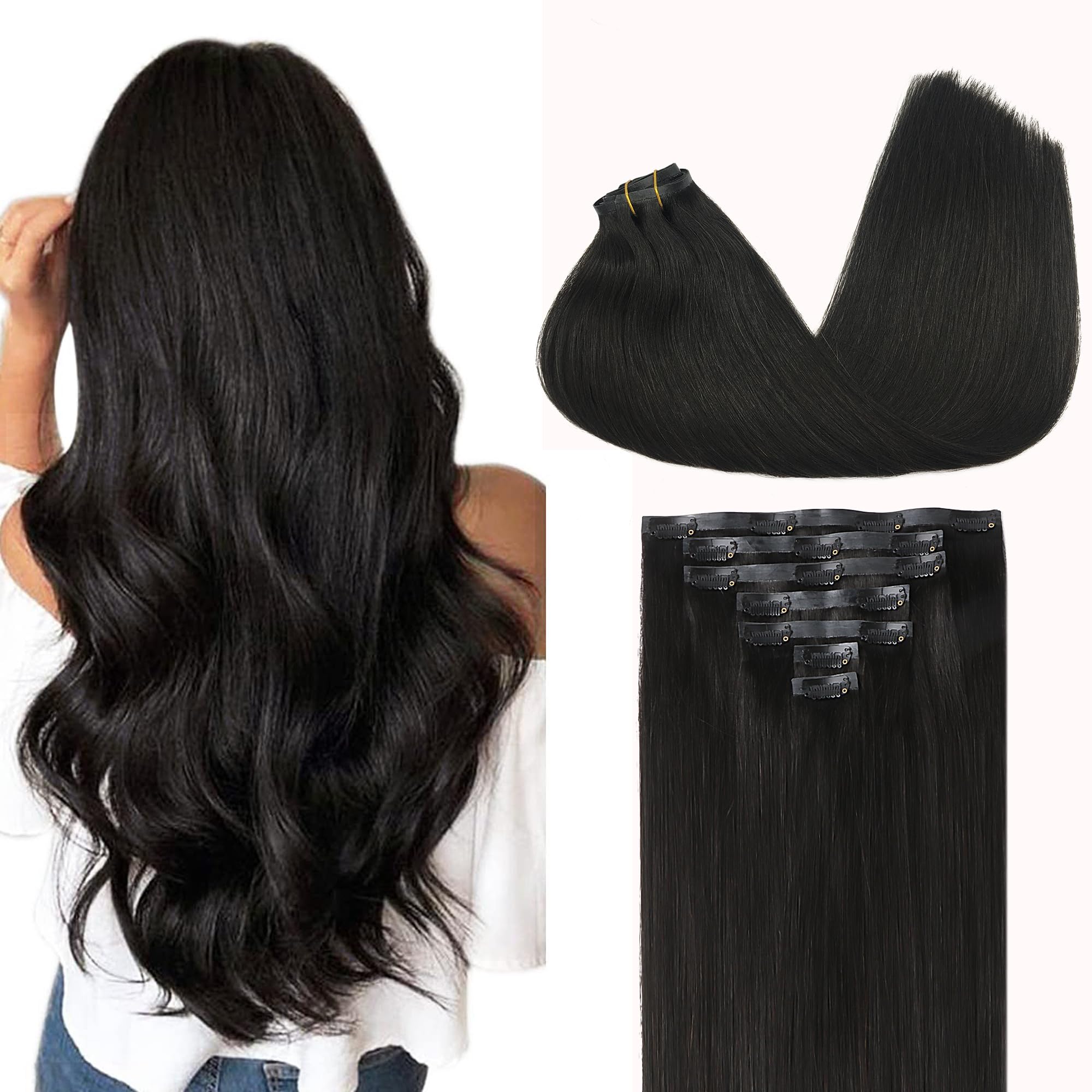GOO GOO Clip in Hair Extensions Real Human Hair, 14inch 110g 7Pcs, 1B Natural black, Remy Human Hair Extensions Clip ins for Wom