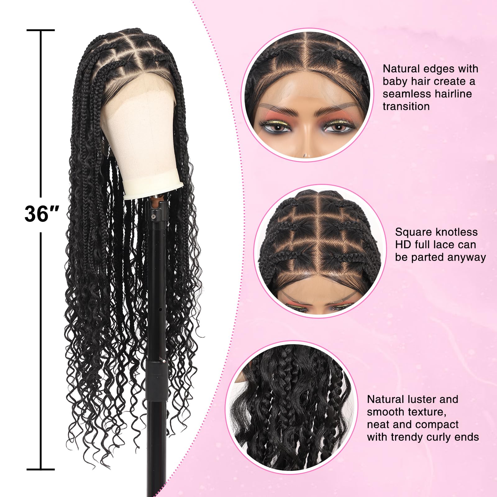 Kalyss 360 Hd Full Lace Boho Braided Wigs For Women Box Braid Wig With Curly Ends Knotless Braided Wigs With Baby Hair Human Hai