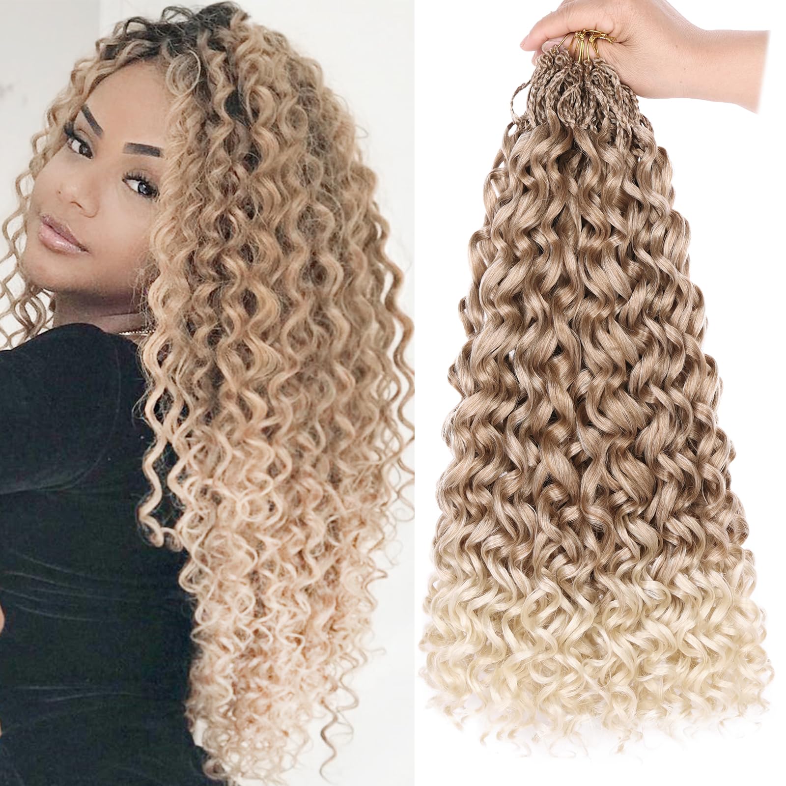 Leeven 18 Inch Gogo Curl Crochet Hair 8 Packs Pre Looped Water Wave Crochet Hair Ombre Blonde Ocean Wave Goddess Box Braids Deep