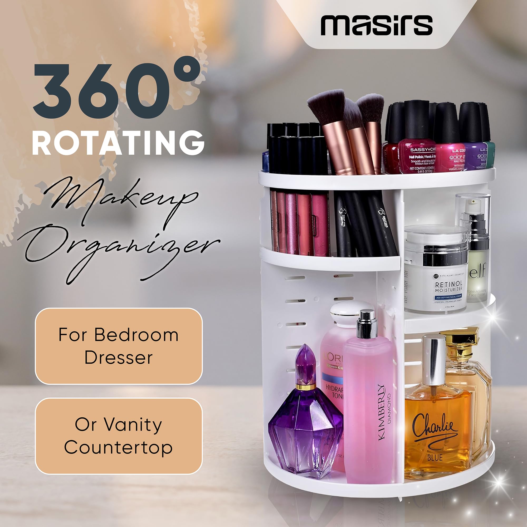Masirs 360 Rotating Makeup Organizer - Adjustable Shelf Height and Fully Rotatable. The Perfect Cosmetic Organizer for Bedroom D