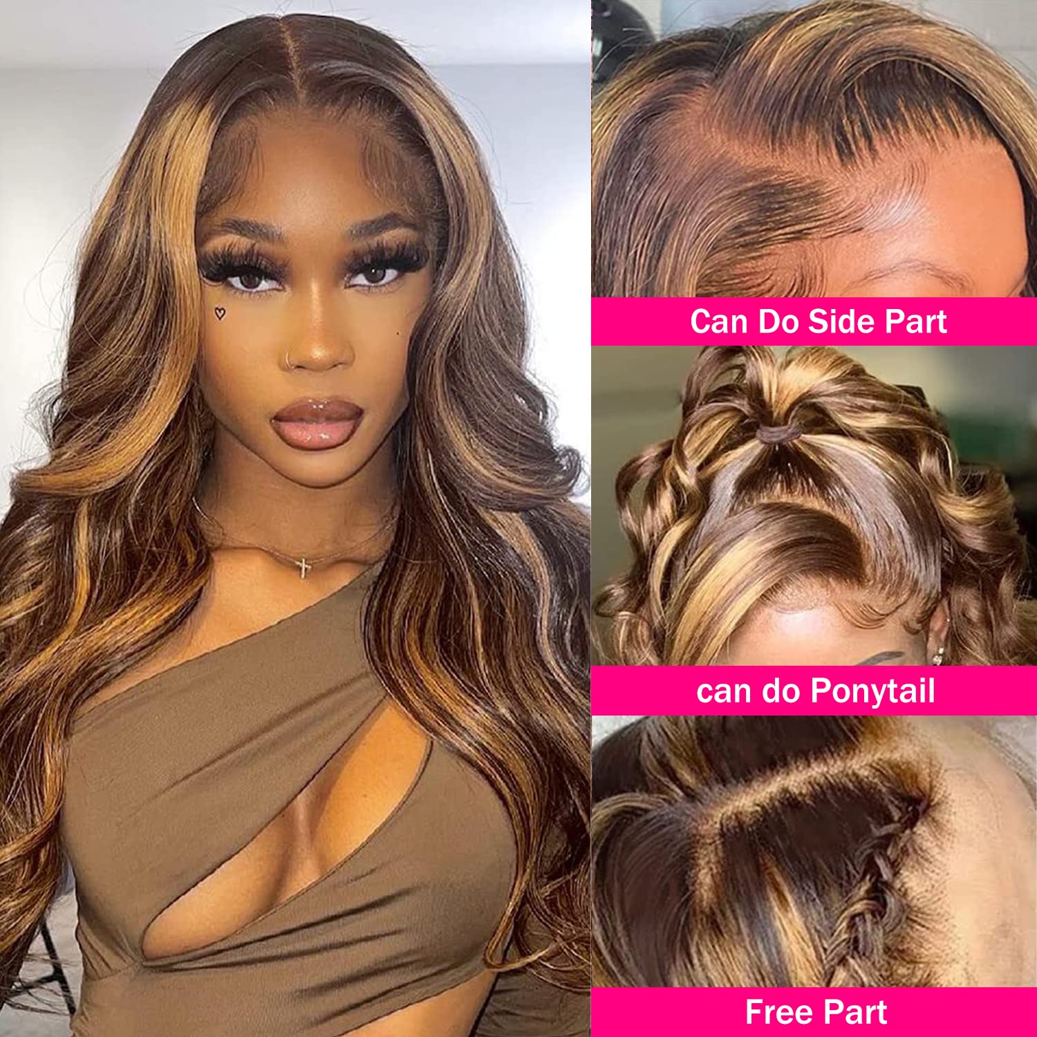 Aicrelery Highlight Ombre 13X6 Lace Front Wig Human Hair Pre Plucked 13X6 Hd Transparent 4/27 Honey Blonde Lace Frontal Wigs Wit