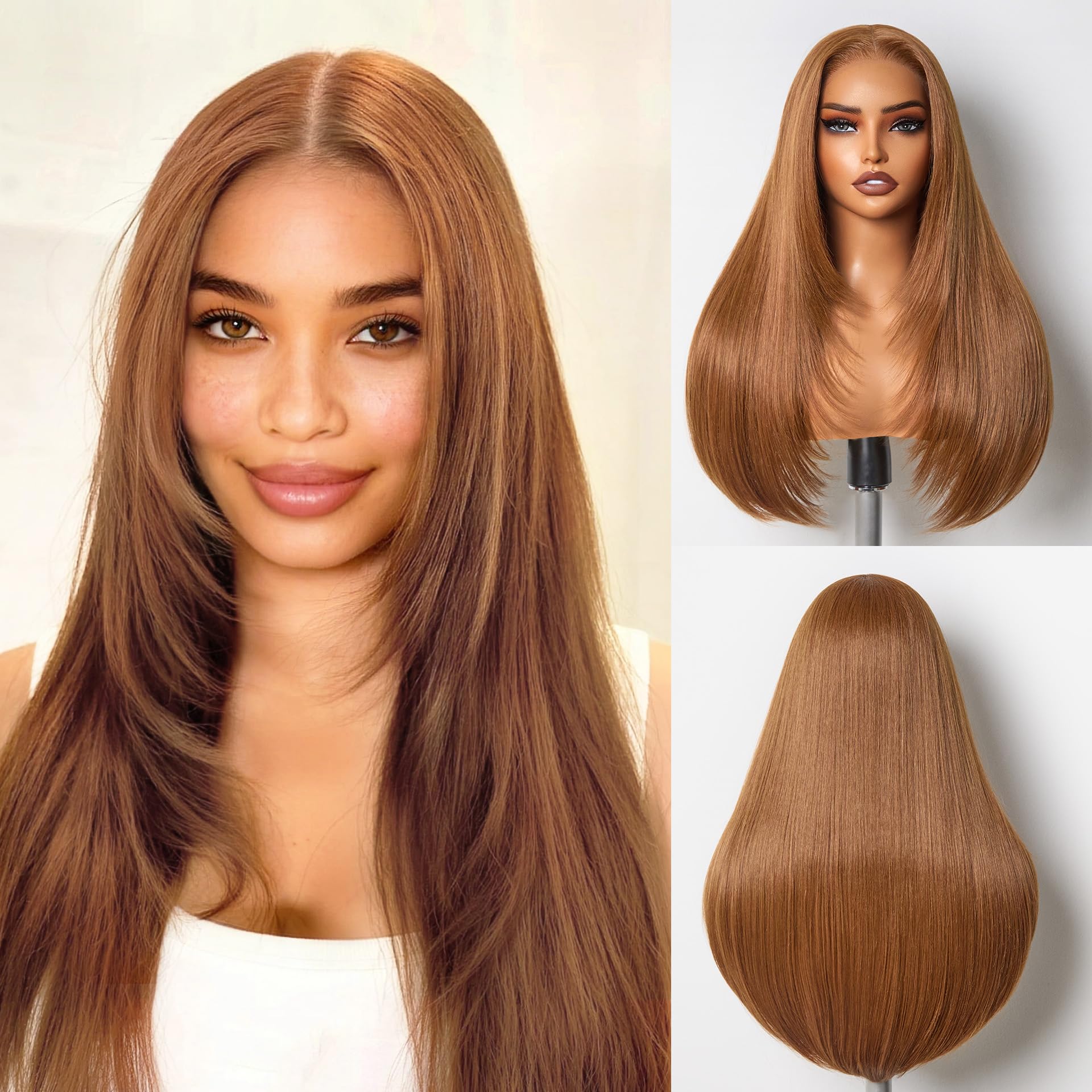 GORGIUS Honey Blonde Wear and Go Glueless Straight Lace Front Wigs Pre Cut Layered Wig Middle Part Fiber Blend Human Hair Fronta