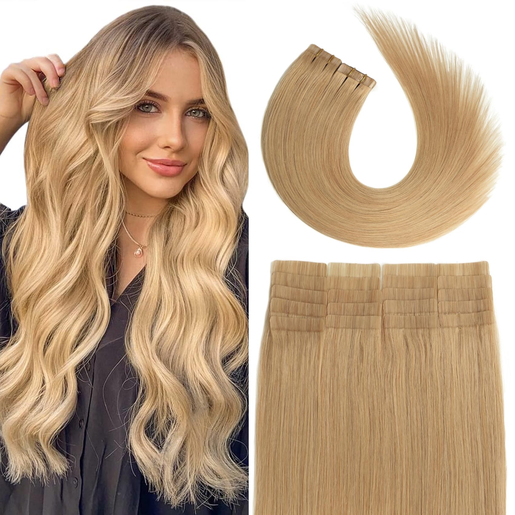 Aison Honey Blonde Tape In Hair Extensions 16 Inch 100% Strawberry Blonde Invisible Tape In Extensions 20 Pcs/Package 16Inch #27