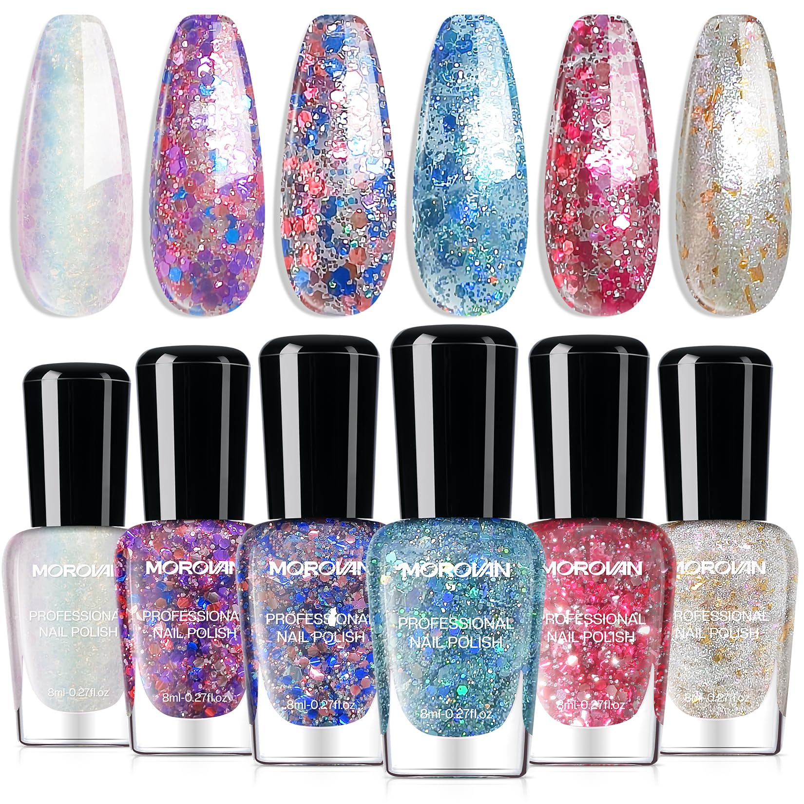 Morovan Confetti Nail Polish Set: 6 Colors Chunky Glitter Colorful Sparkle Purple Blue Green sparkly Gold Silver Toe Fingernail 