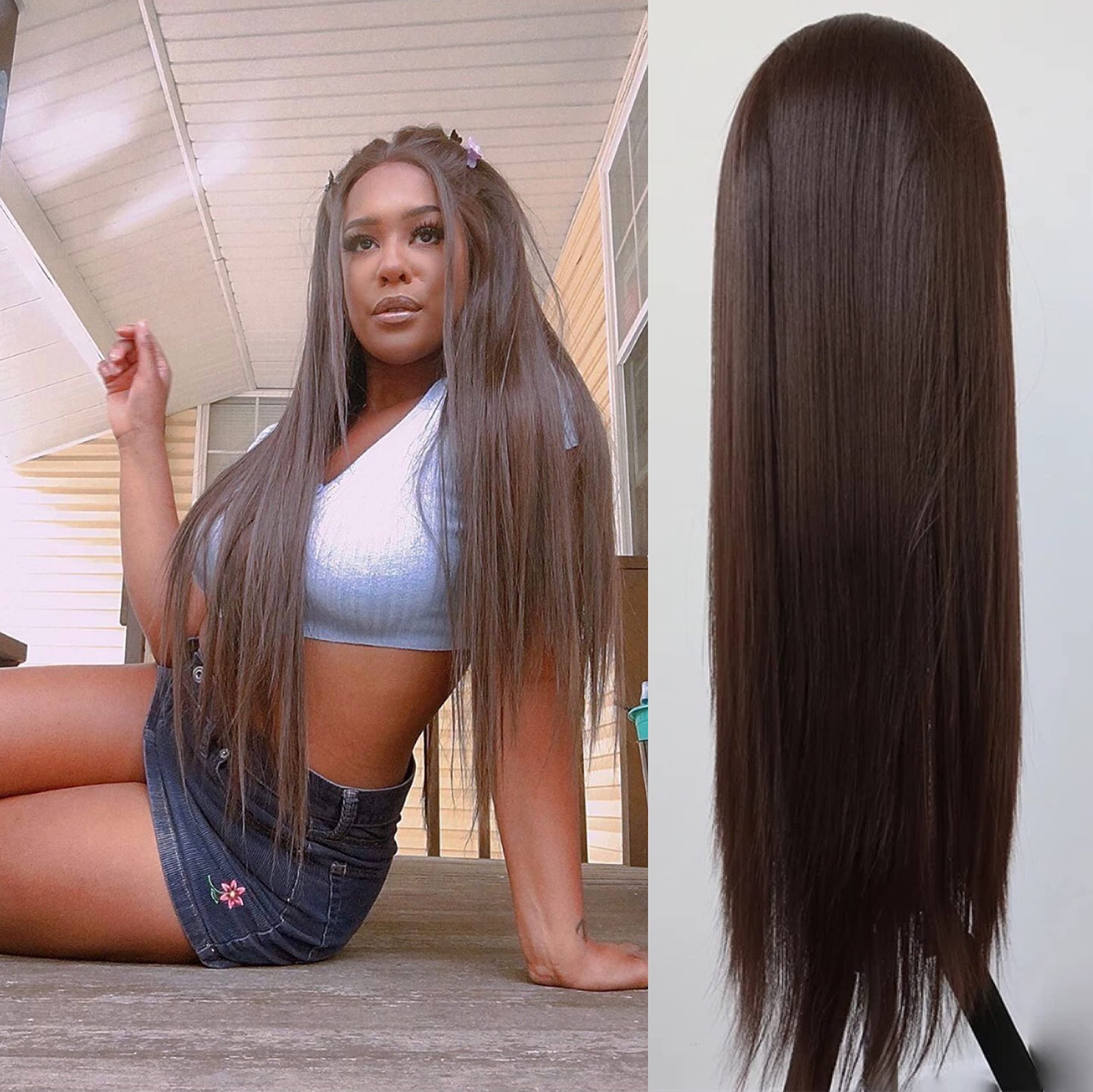 WXHWCX Long Brown Synthetic Lace Front Wig Realistic Looking Long Straight Free Part Lace Front Wig For Womens Daily Wigs 24inch