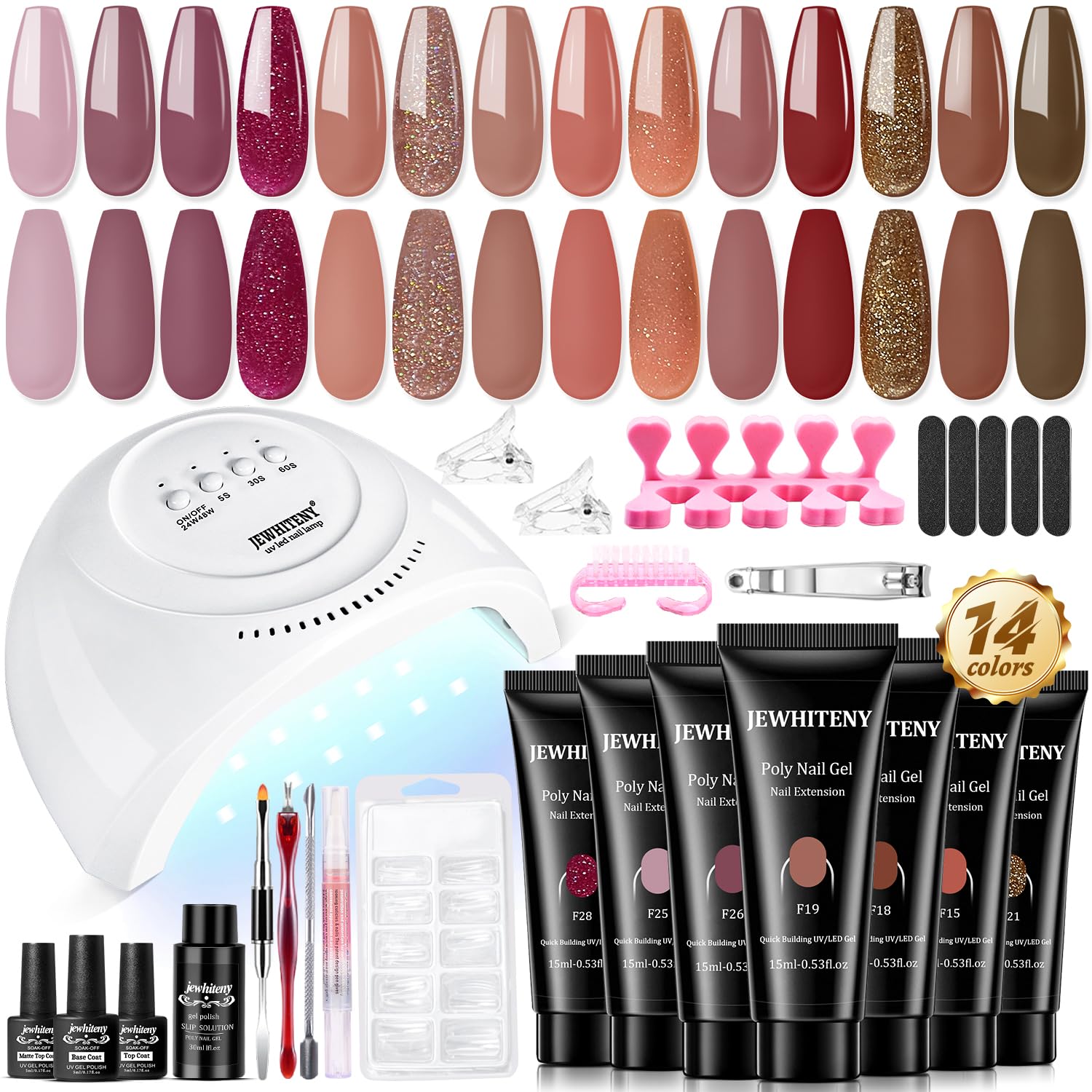 JEWHITENY 14 Pcs Poly Nail Gel Extension Kit With UV Light For Daily Nail Art DIY Home Nail Salon Long Lasting And Durable Good 