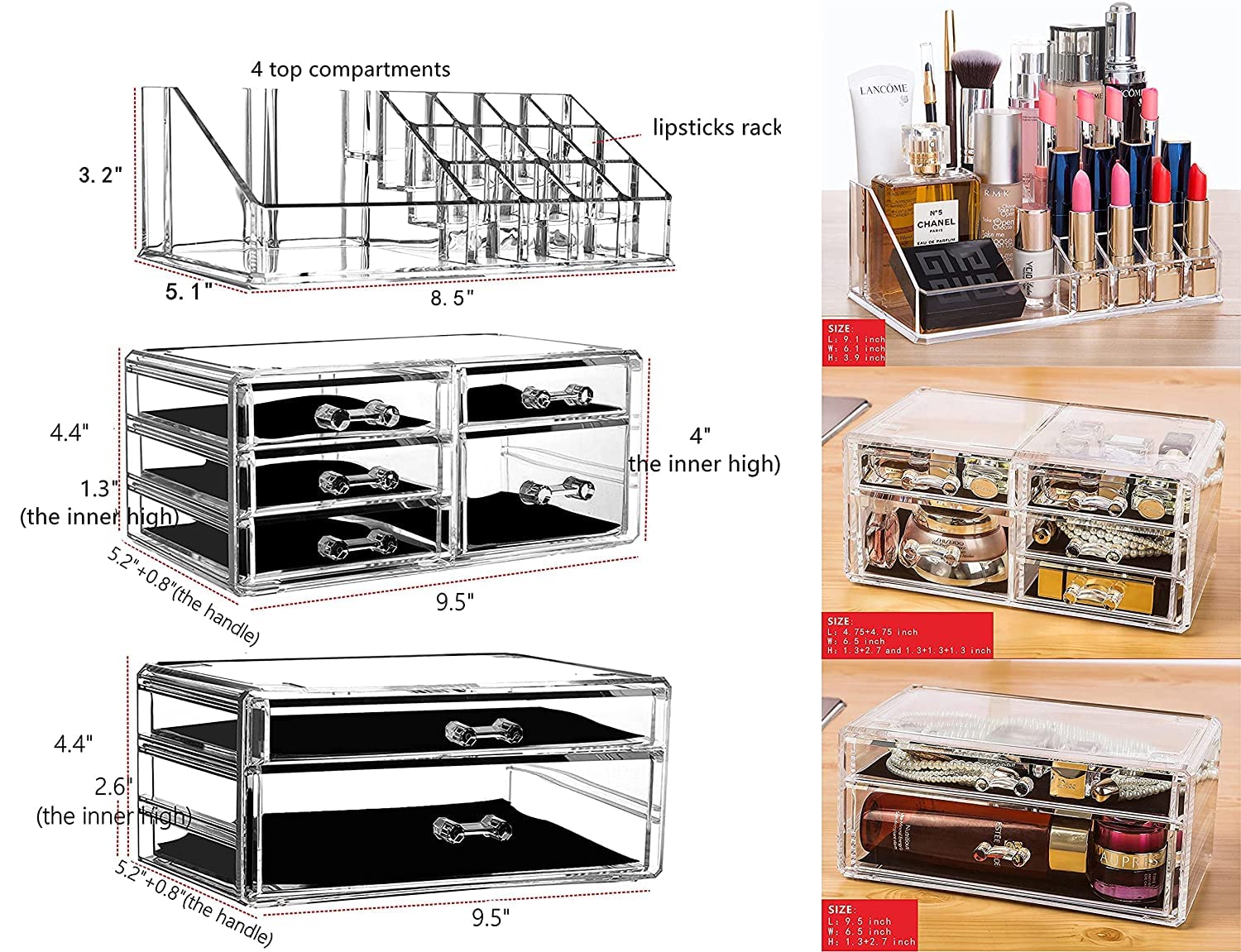 Cq acrylic 3 Pack Clear Skincare Organizer for Vanity, Stackable 7 Drawers Make Up Organizer,Cute Cosmetic Organizer for Vanity