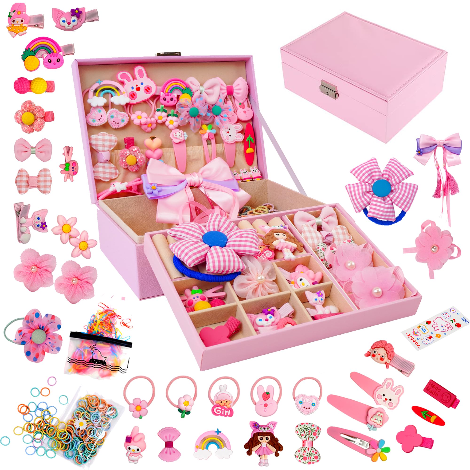 Hair Accessories Set with Jewelry Box - Hair Clips, Barrettes, Ties, Bows for Girls Ages 3-12