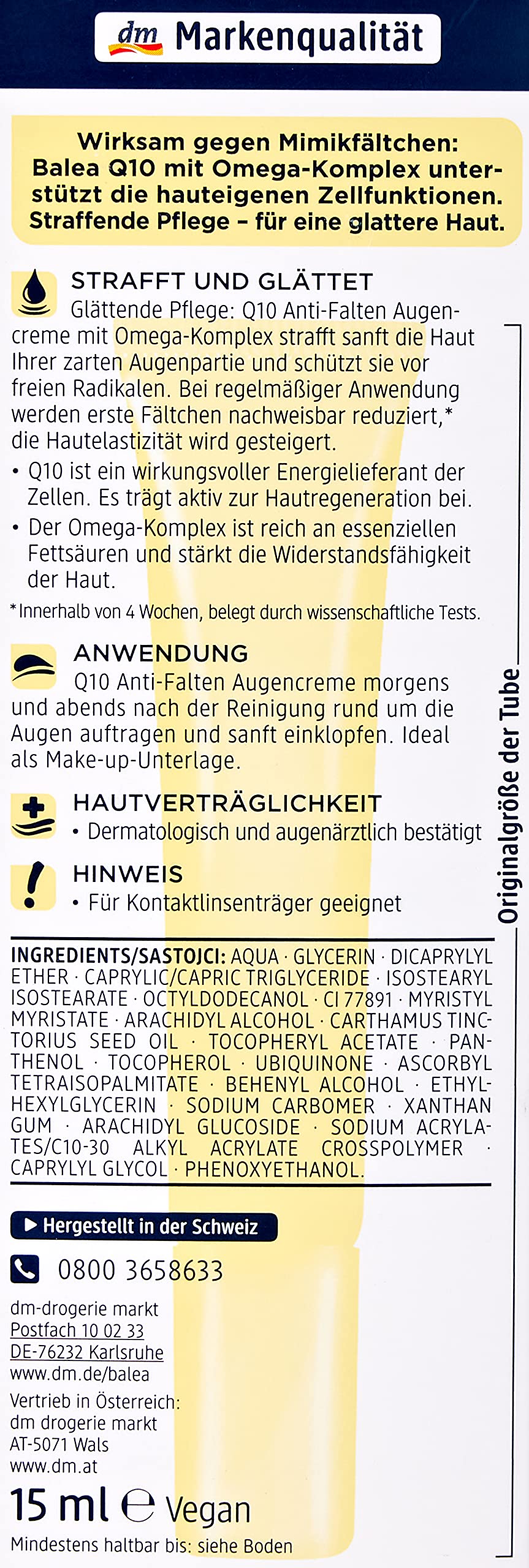 Anti-Wrinkle Eye Cream Q10 with Omega Complex - Perfume-free, PEG-free, Vegan, Not Tested on Animals - 15 ml by Balea