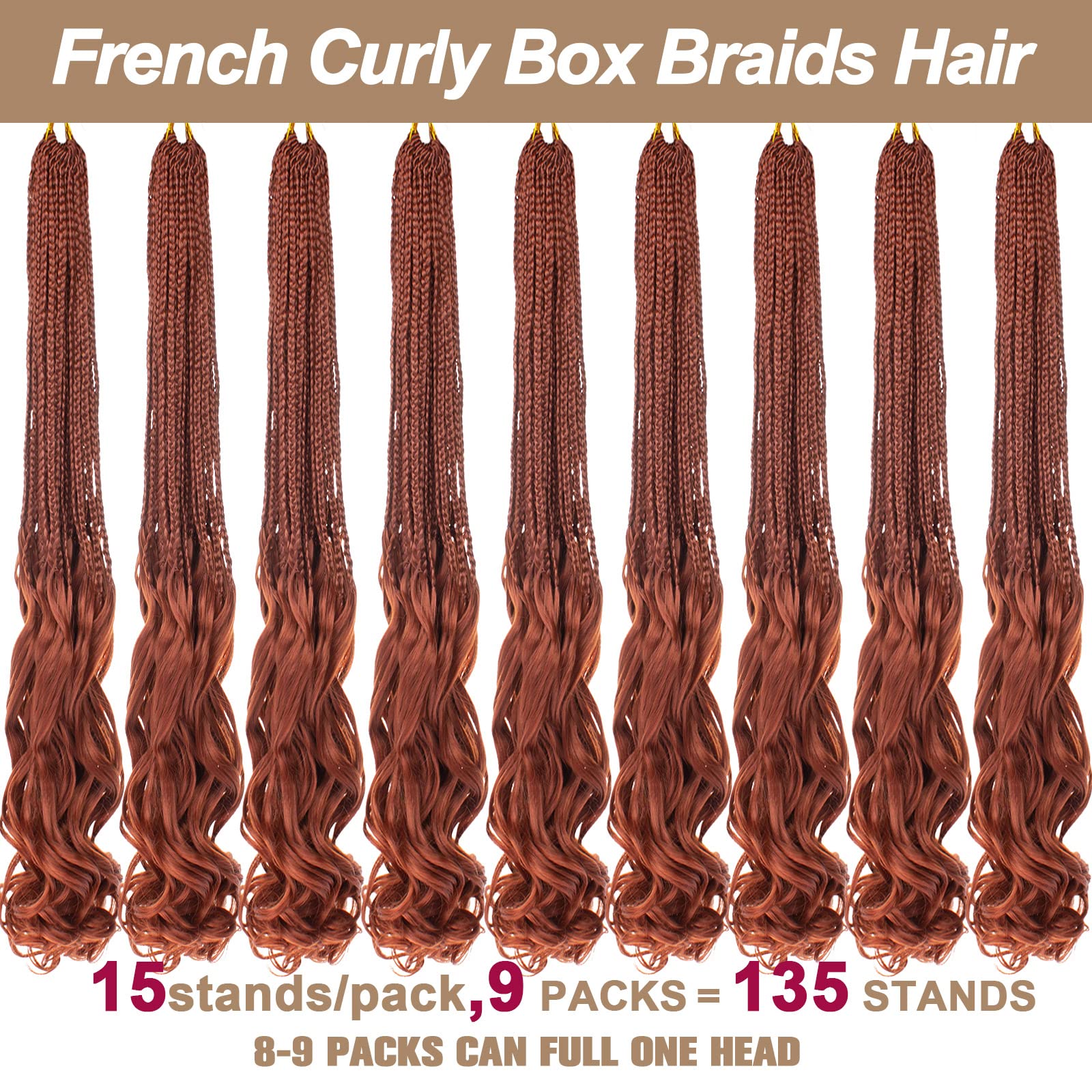 COOKOO 9 Packs Copper Red French Curl Crochet Braids 18 Inch Pre Looped French Curly Braiding Hair Ginger for Women Box Braids C