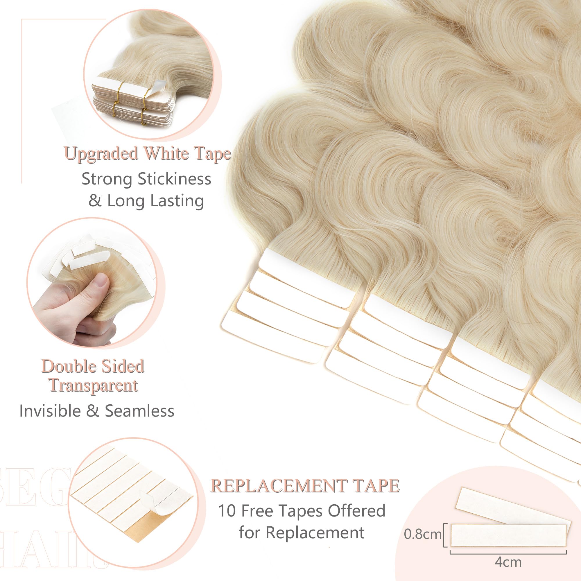 SEGO Tape in Hair Extensions Wavy 18 Inch Natural 100% Remy Human Hair Real Seamless Skin Weft Invisible Rooted Double Sided Tap