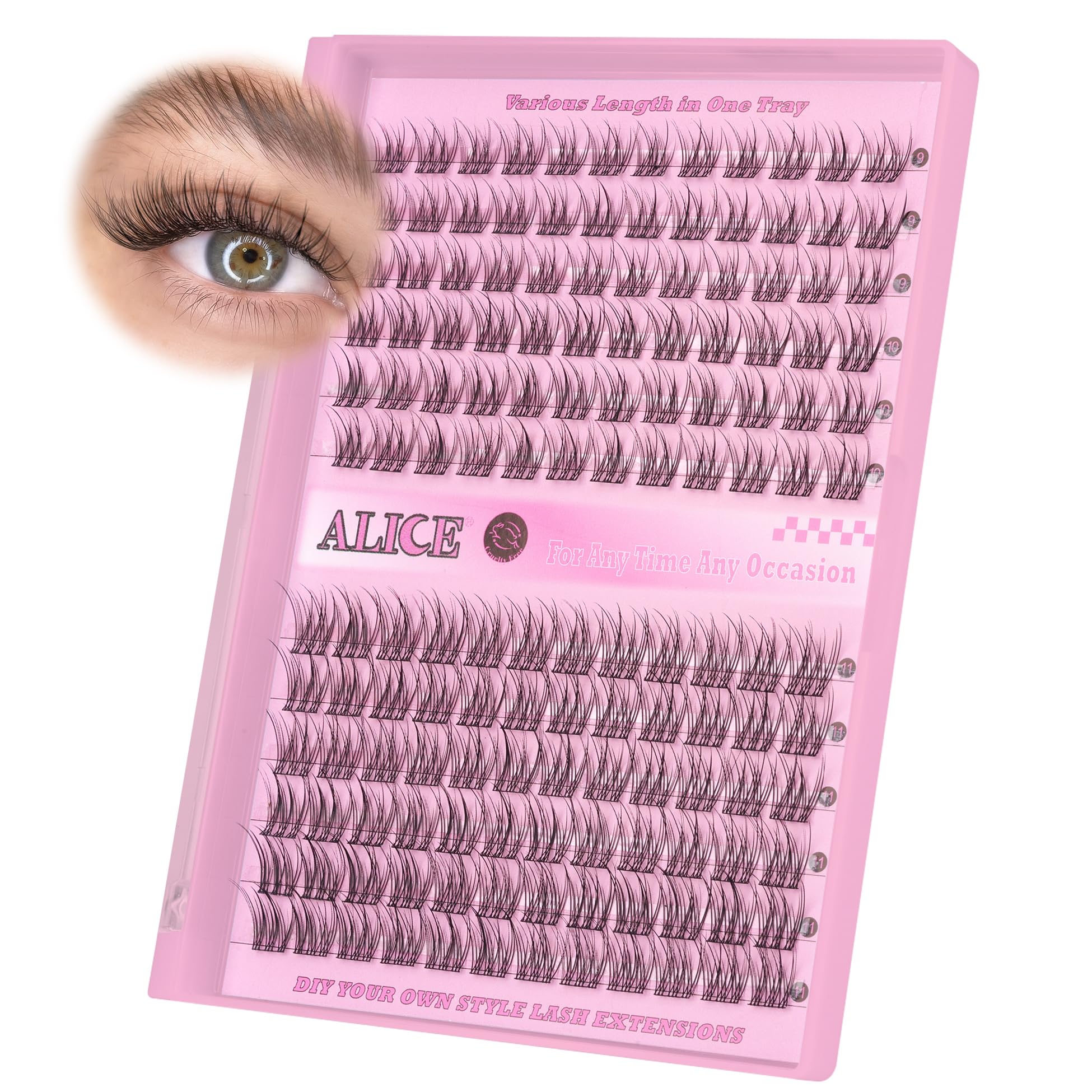 ALICE DIY Eyelash Extensions Kit 9-11MM Natural, Lash Clusters Kit 144Pcs Wispy Individual Lashes C Curl Lash Extensions, Lash G