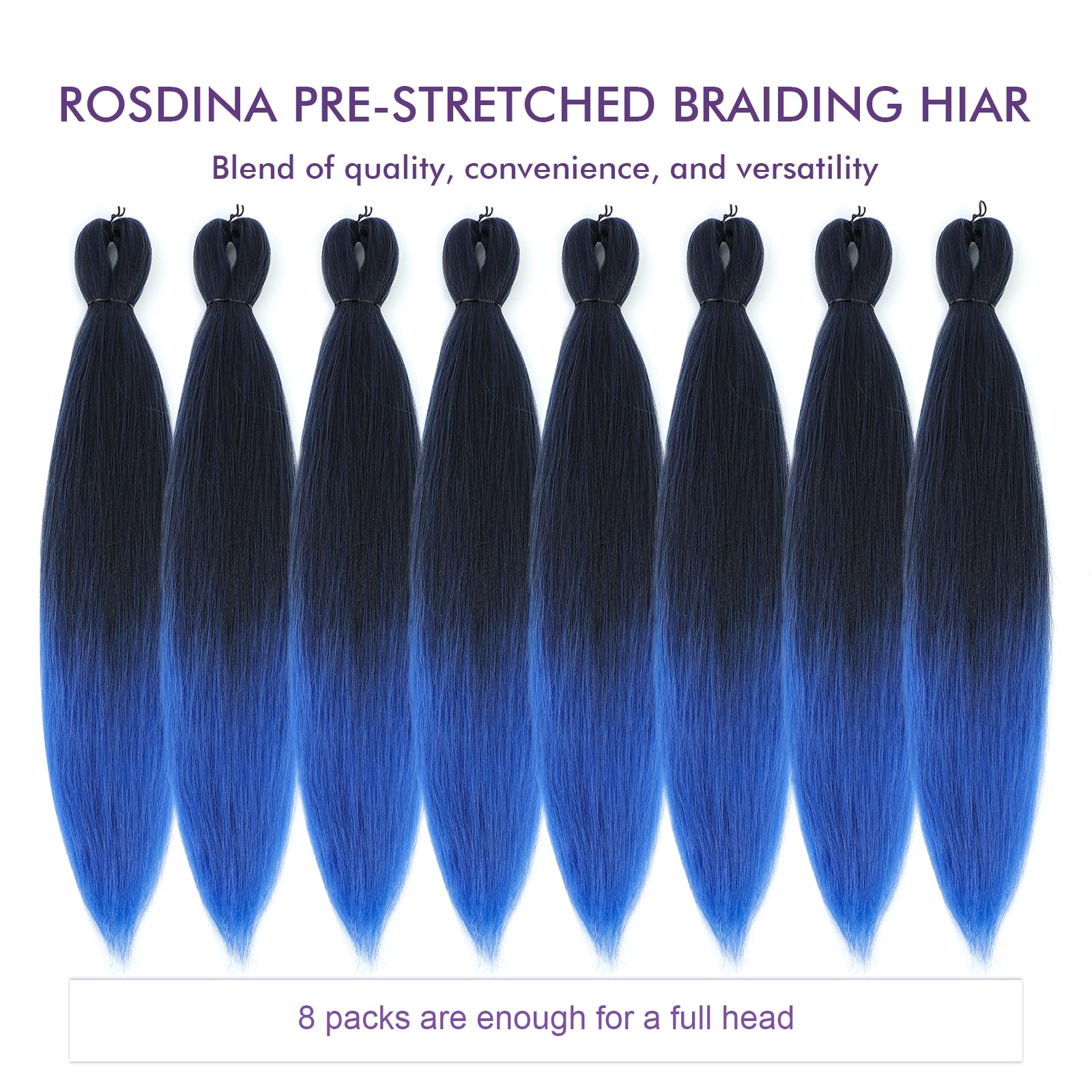 Rosdina Pre-Stretched Braiding Hair - 26 Inch 8 Packs Ombre Blue Long Braiding Hair For Twist Or Box Braids, Yaki Texture Hot Wa