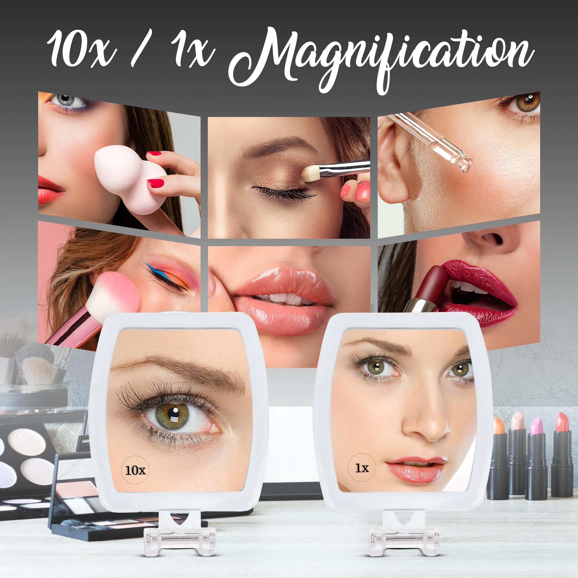 High Magnification Travel Hand Mirror - Foldable 10X & 1X Magnifying Makeup Mirror, 3-In-1 Hand Mirror, Hanging Mirror, Table Mi