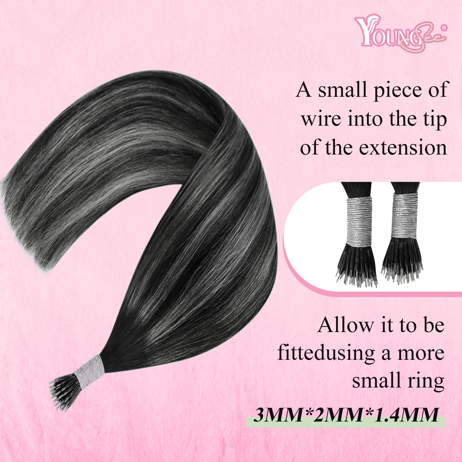 YoungSee Nano Hair Extensions Silver Nanobeads Hair Extensions Human Hair Ombre Black to Silver Nano Rings Hair Extensions Doubl