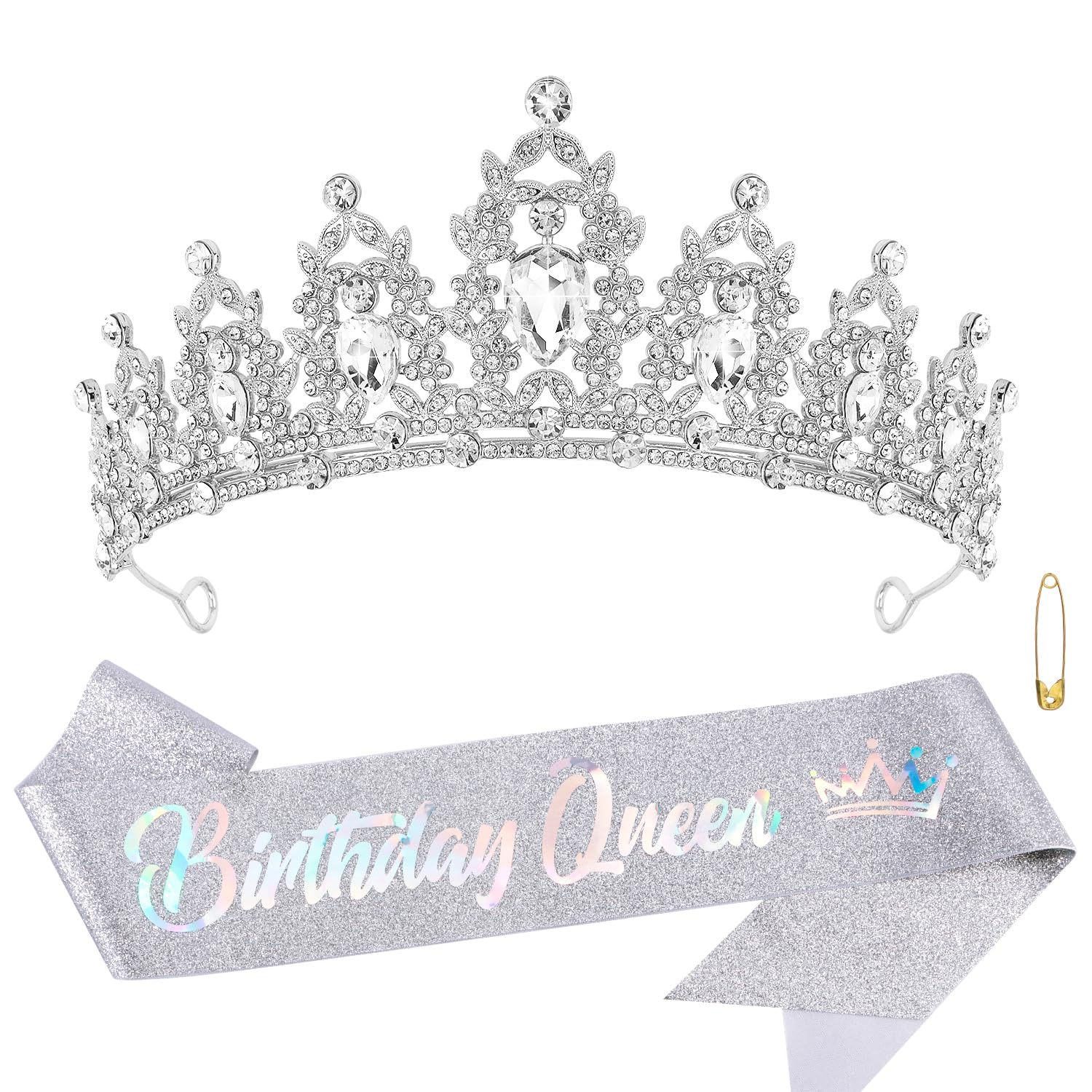 Atoden Birthday Crown and Birthday Queen Sash Silver Tiara Birthday Girl Crystal Crown Princess Birthday Party Decorations Rhine