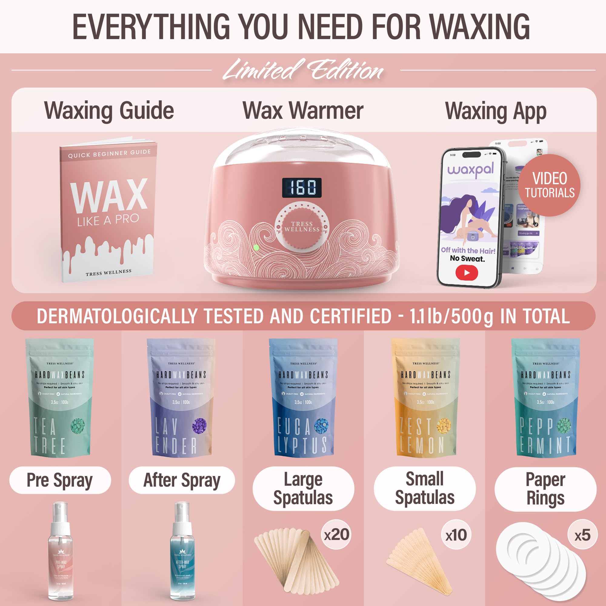Tress Wellness Waxing Kit For Brazilian Wax - Easy To Use - For Sensitive Skin - Digital Display, Dusty Pink Air