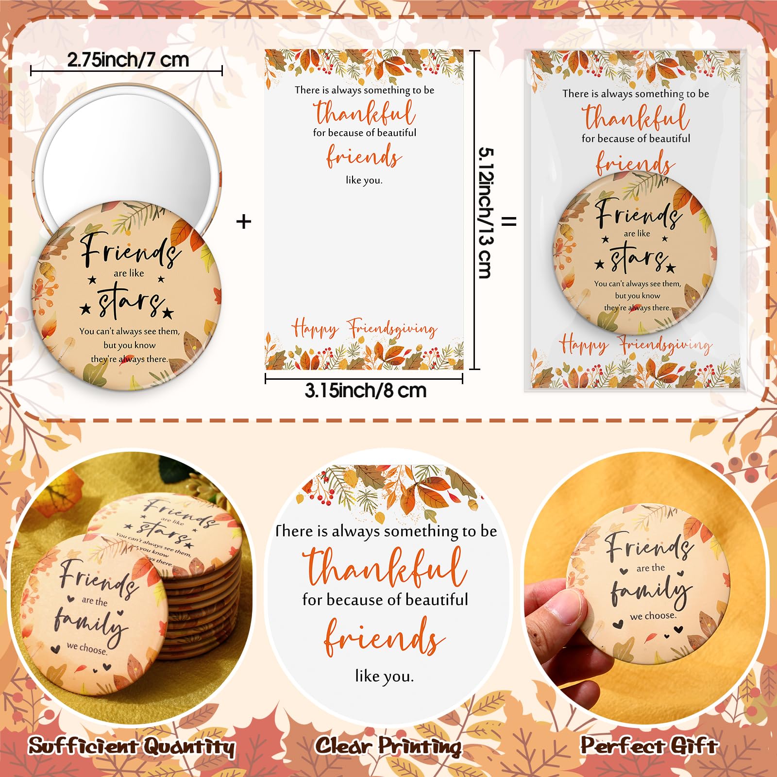 Yalikop 20 Sets Happy Thanksgiving Gifts Friendsgiving Pocket Mirror with Cards for Women Thanksgiving Party Favors Friendsgivin