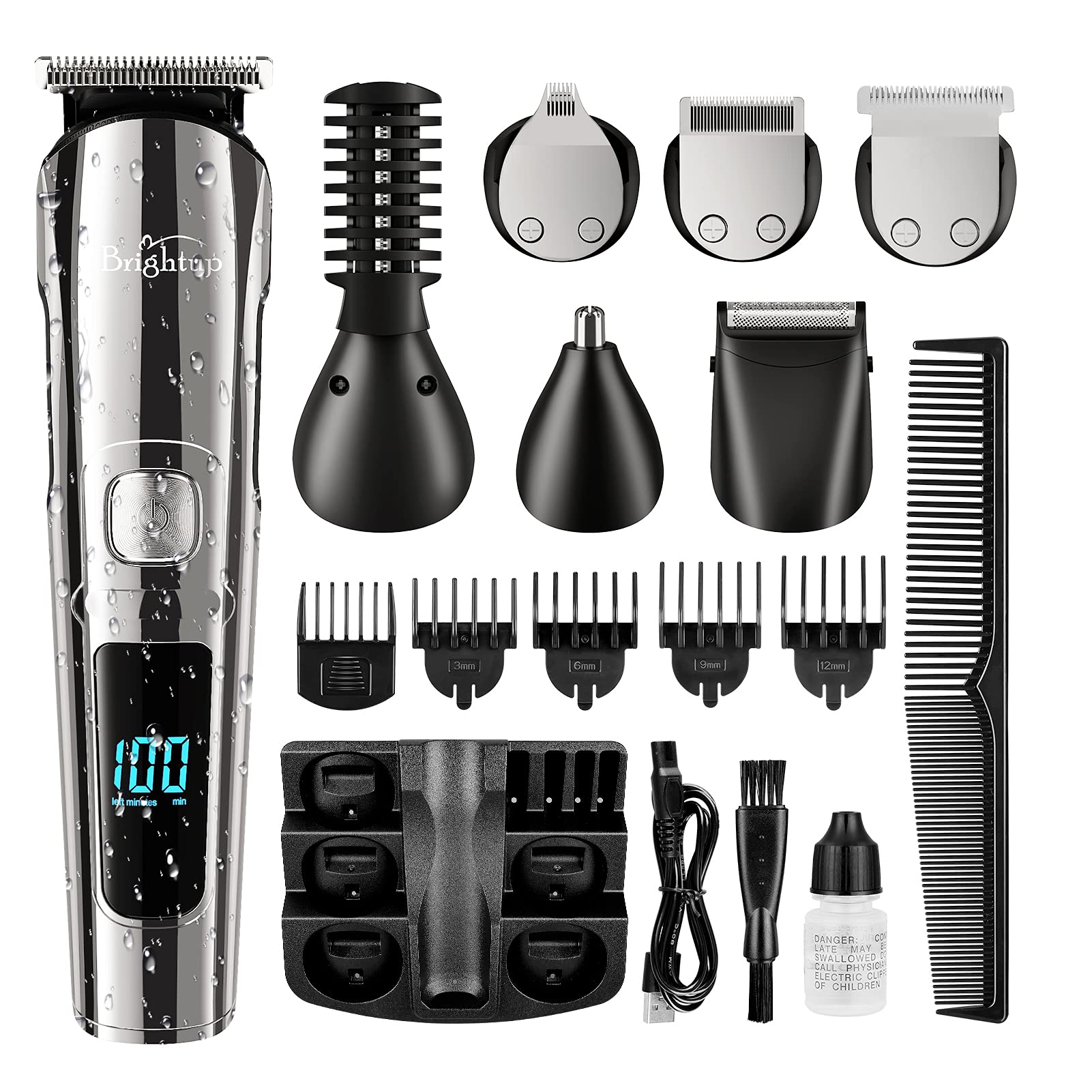 Brightup Beard Trimmer For Men - 18 Piece Beard Grooming Kit With Hair Clippers, Hair Trimmer, Electric Razor - Ipx7 Waterproof