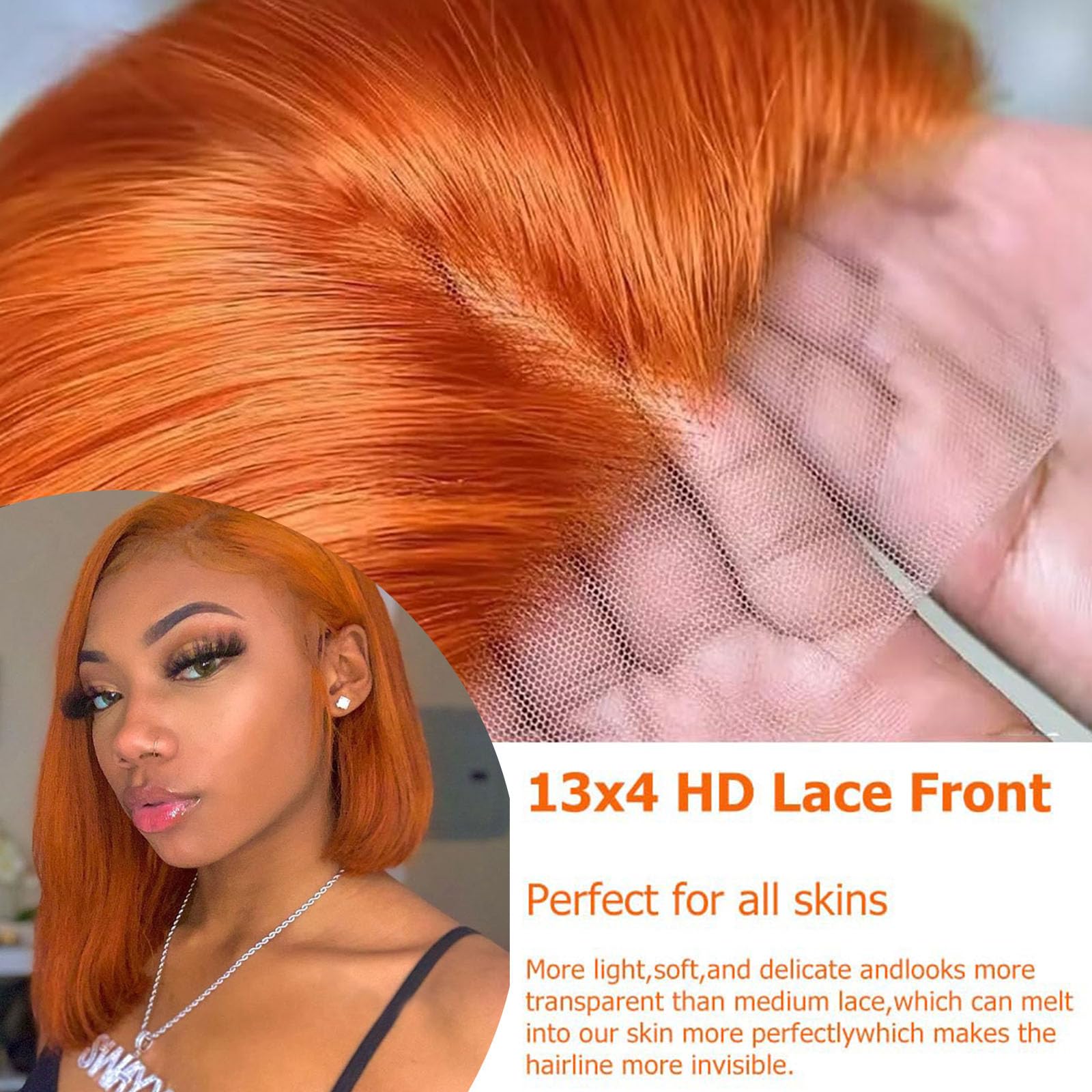 13X4 Hd Ginger Bob Wigs Lace Front Human Hair Glueless Ginger Orange Bob Lace Front Wigs Human Hair Pre Plucked With Baby Hair G