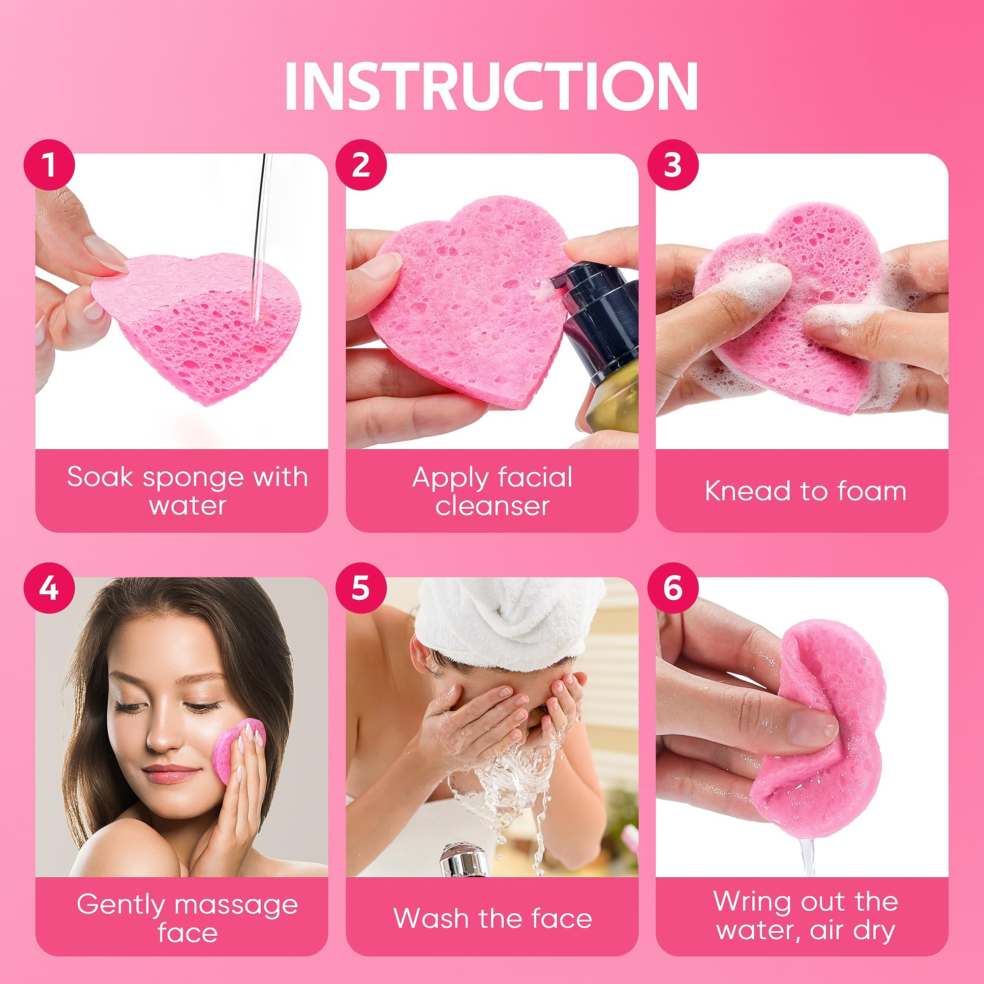 Gainwell 50-Count Heart Shape Compressed Facial Sponges For Daily Facial Cleansing And Exfoliating, 100% Natural Cosmetic Spa Sp