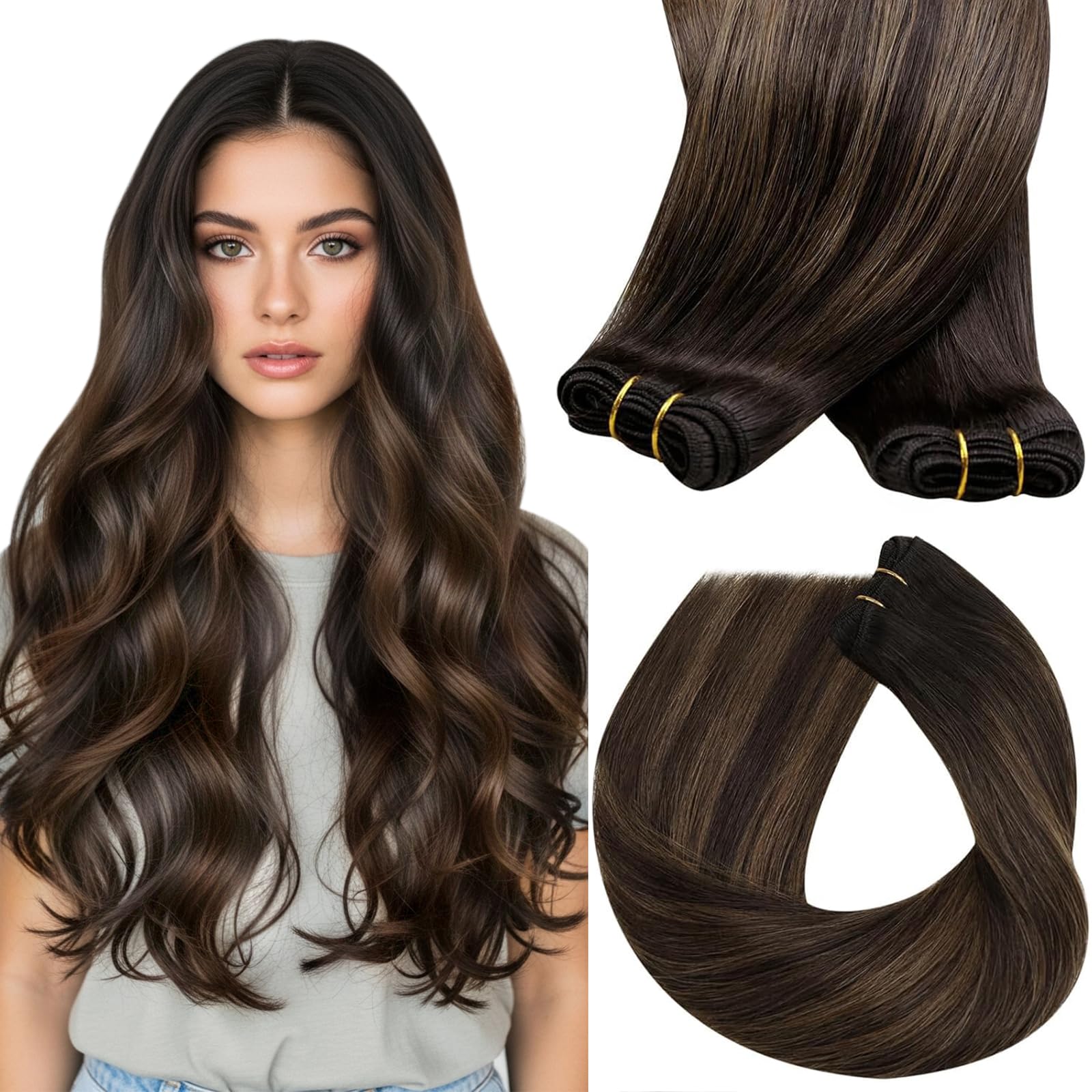 Sunny Hair Sew in Hair Extensions Real Human Hair 135g 22inch Balayage Weft Hair Extensions Human Hair Dark Brown Mix Medium Bro