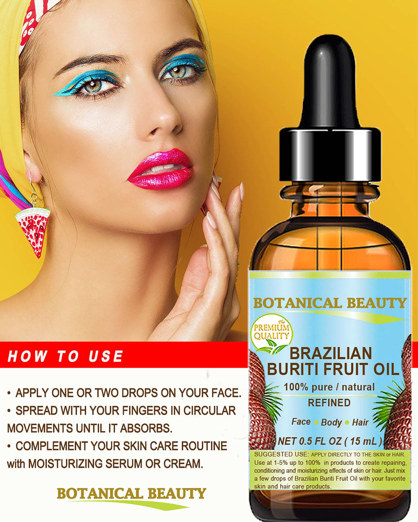 Brazilian Buriti Fruit Oil Pure Natural Virgin Refined Cold Pressed Carrier Oil Undiluted 0.5 Fl.Oz- 15 Ml For Face, Body, Hair,