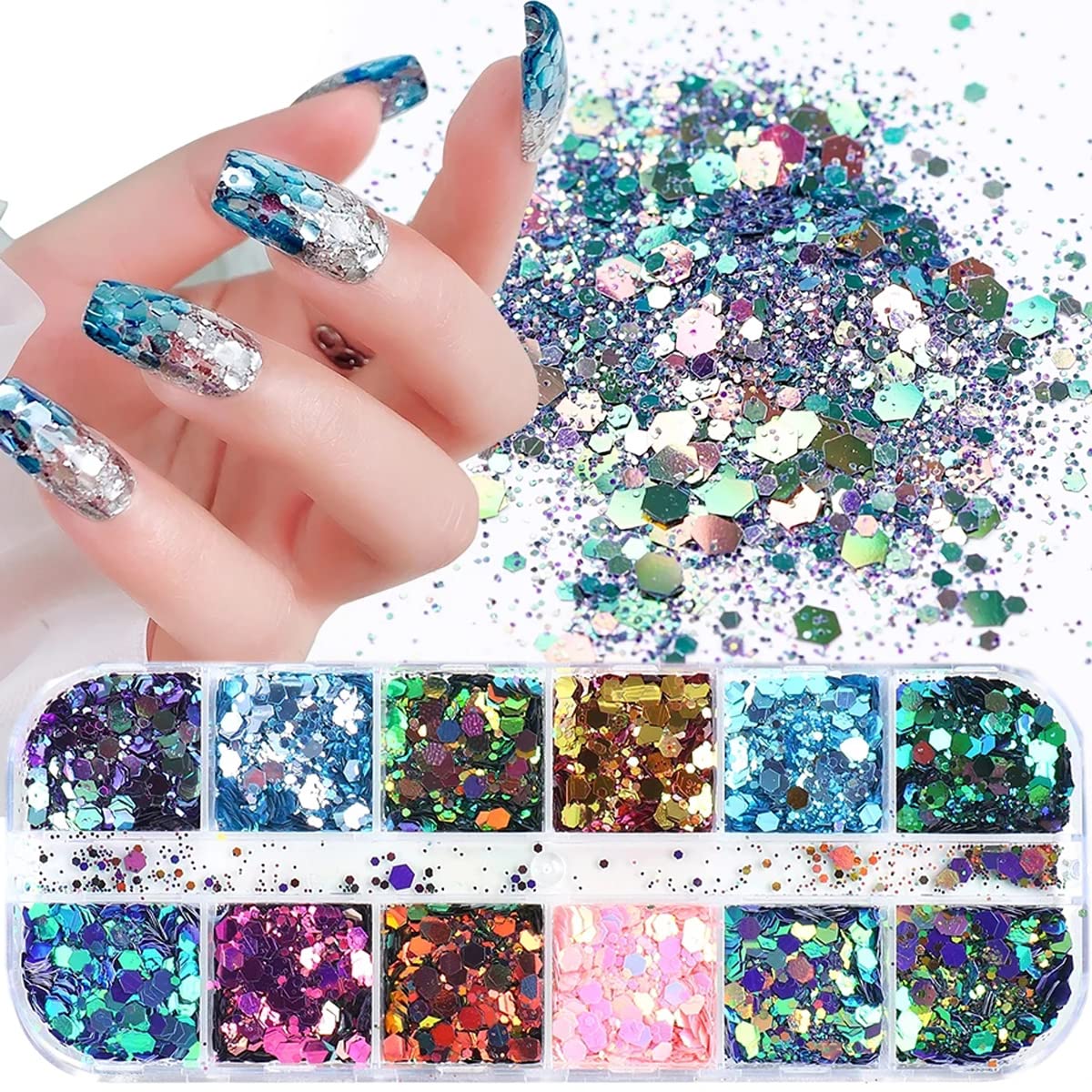 BMKKOT 12 Grids Chameleon Nail Art Sequins - Holographic Glitter Flakes in Blue, Green, Pink, Purple for DIY Acrylic Nails