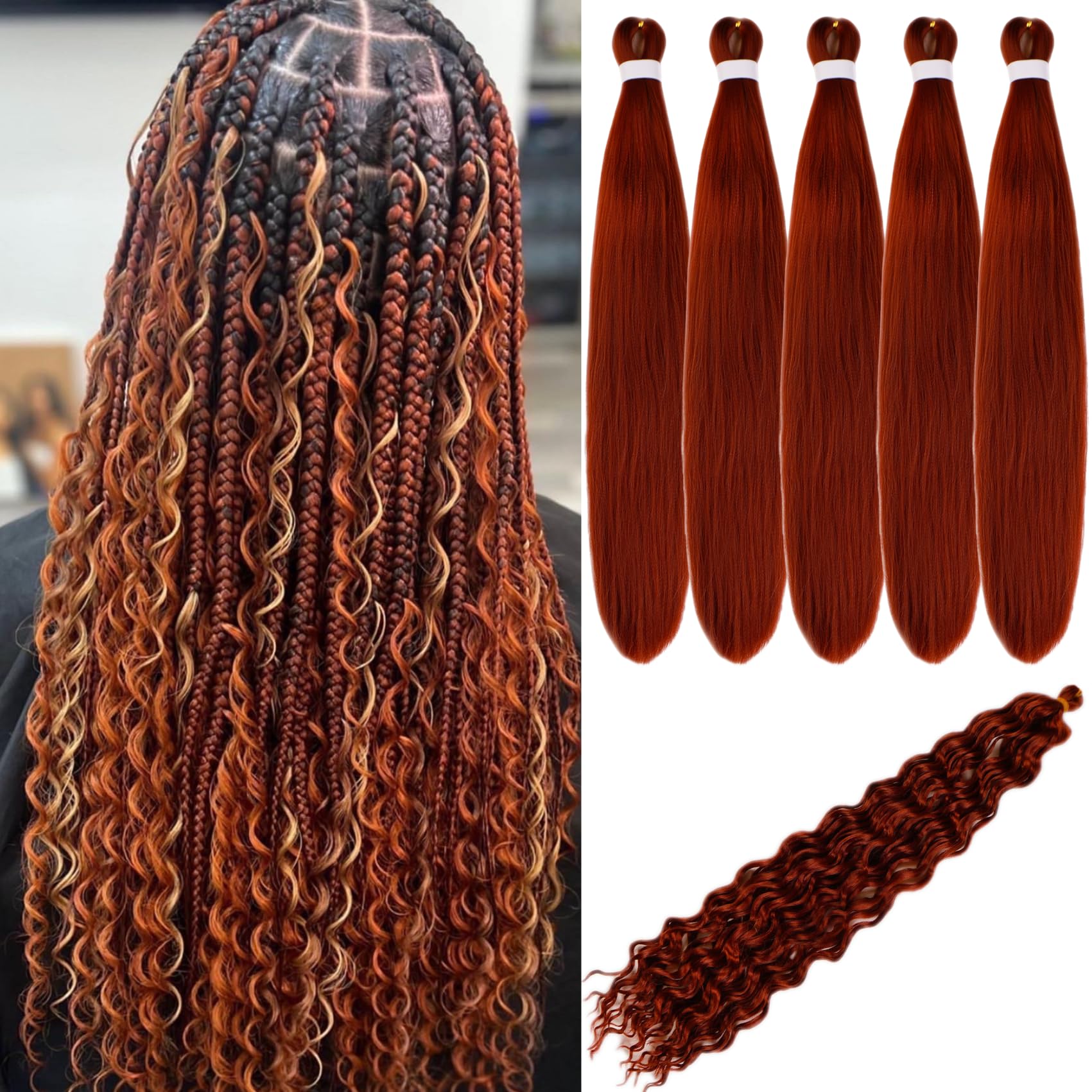 Gozill Ginger Braiding Hair Pre Stretched Kanekalon Braiding Hair for Boho Braids(6 Pakcs)