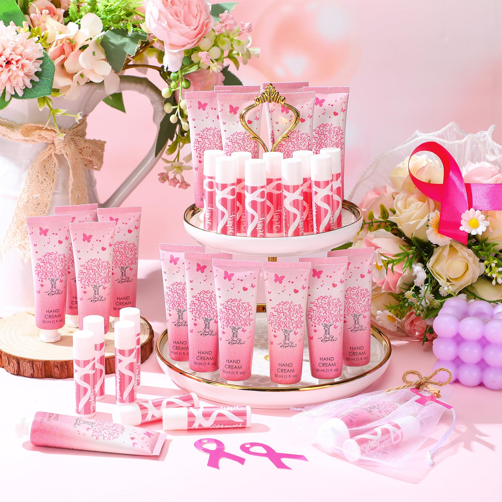Dansib 24 Sets Breast Cancer Awareness Favors Breast Cancer Hand Cream and Lip Balm Gift for Women Pins Pink Ribbon Travel Size