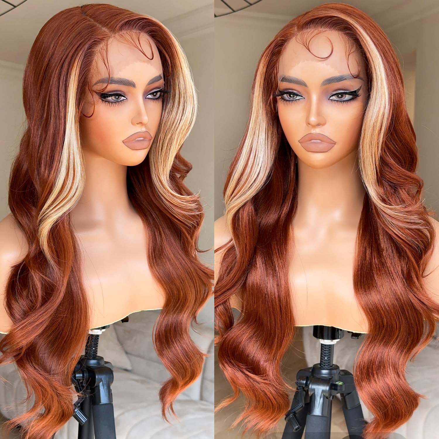 Brownbomb Ginger Skunk Stripe Wig Lace Front Wig, Ginger Brown Skunk Stripe Lace Front Wig Pre Plucked Ready To Wear, Synthetic