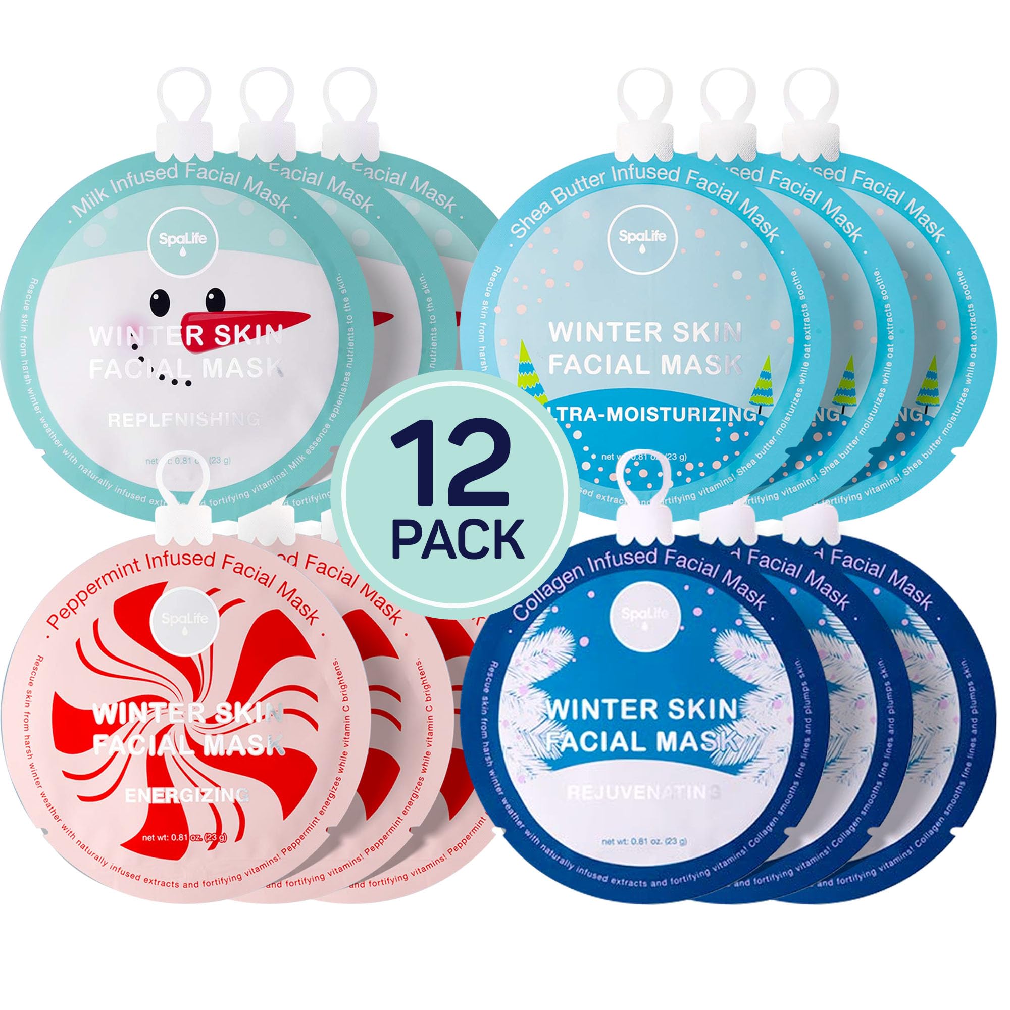 Spalife Winter Skin Facial Mask 12-Count Set - Infused With 4 Skin-Loving Ingredients - Moisturizing And Hydrating Sheet Masks -