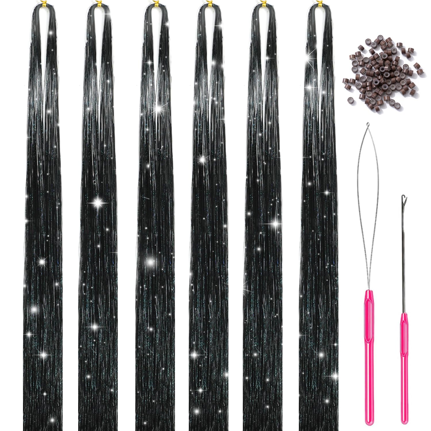 MISSUHUI Hair Tinsel Kit With Tools 47Inch 1200 Strands Glitter Tinsel Hair Extensions Sparkling Shiny Fairy Hair Tinsel Strands