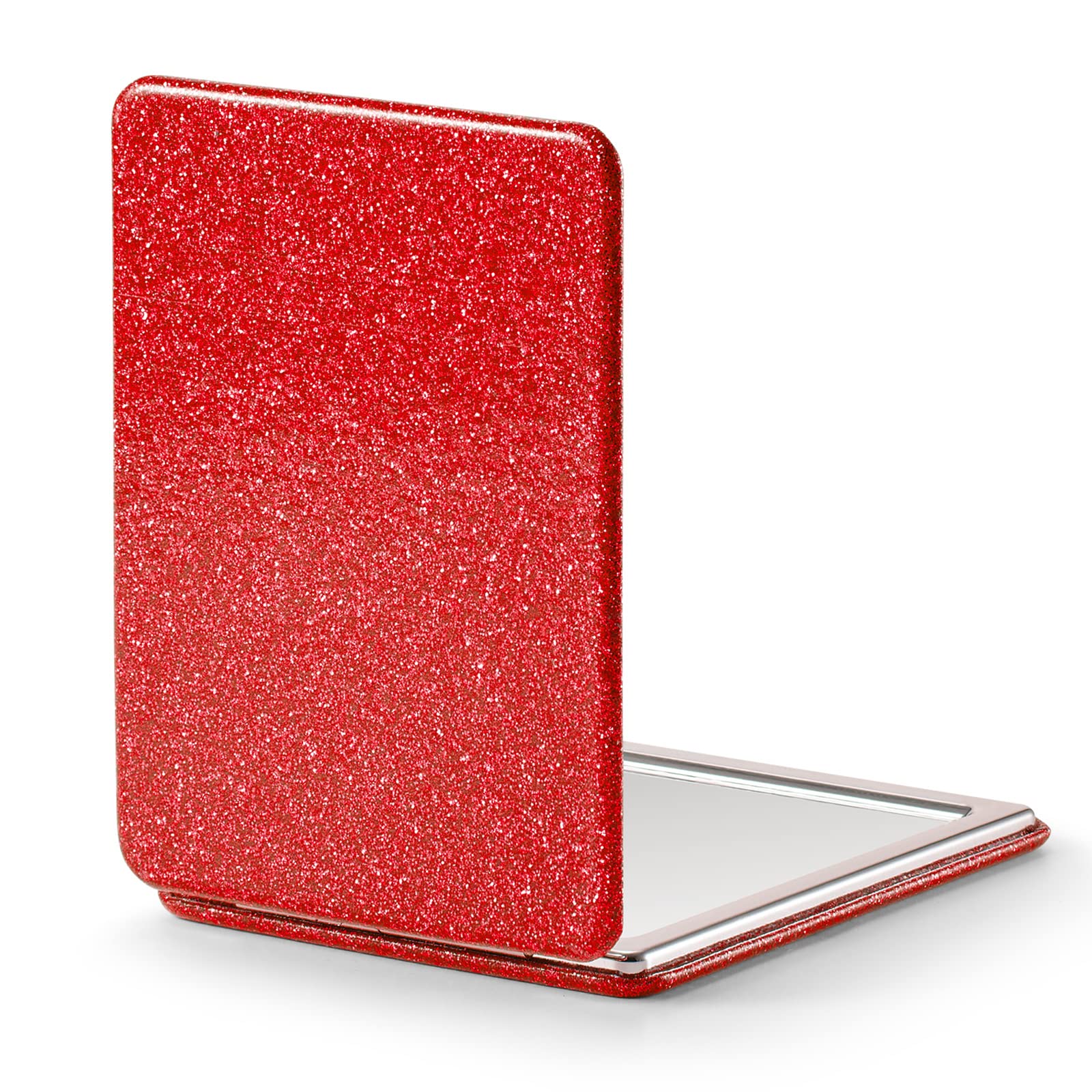 Omiro Compact Mirror, Glitter Pu Leather 1X/3X Magnification, Ultra Portable For Purses, 2.4'' W X 3.4'' L (Red)
