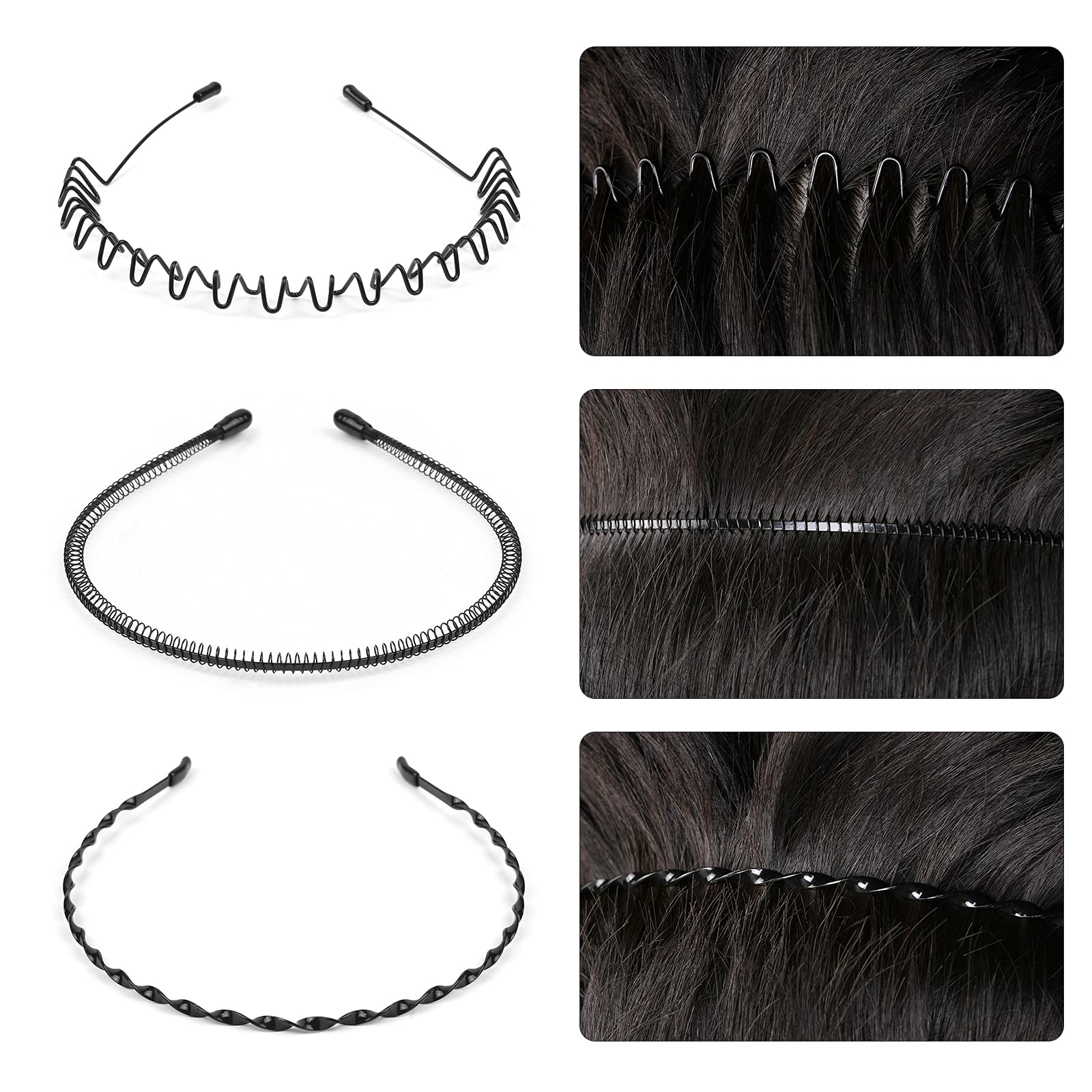 URAQT Metal Headbands, 6 Pcs Fashion Unisex Black Spring Wavy Headwear Hair Hoop for Men Women, Non-slip Sports Hairband Metal H