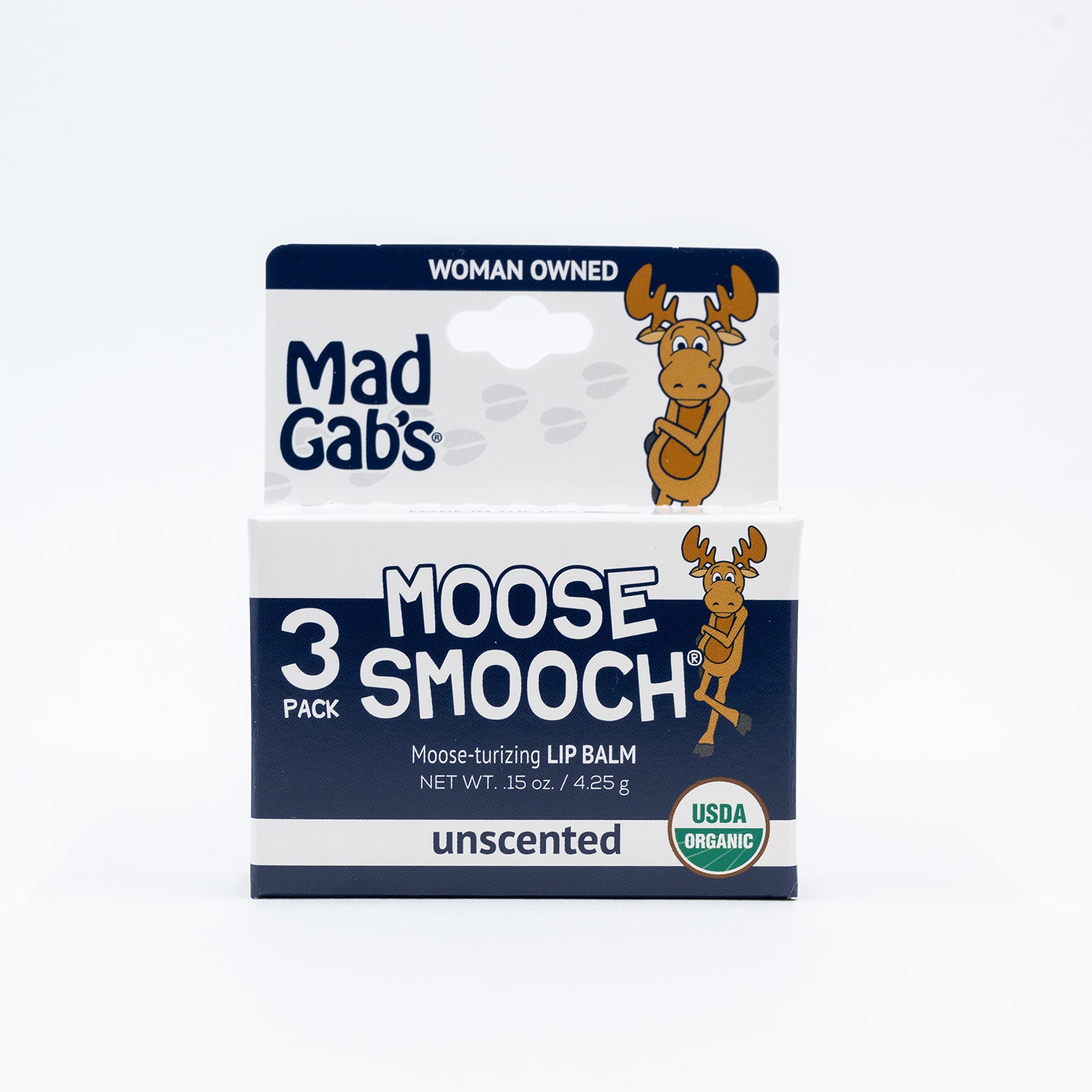 Mad Gab's Moose Smooch Lip Balm 3pk | Unscented, Moisturizing, Certified Organic with Olive Oil & Beeswax