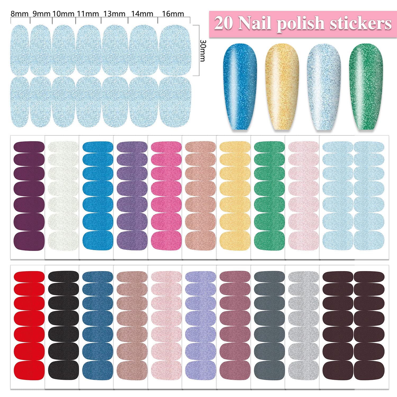 Wokoto 20 Sheets Glitter Solid Nail Stickers Full Nail Wraps Glitter Powder Design Nail Polish Stickers Solid Nail Wraps For Wom